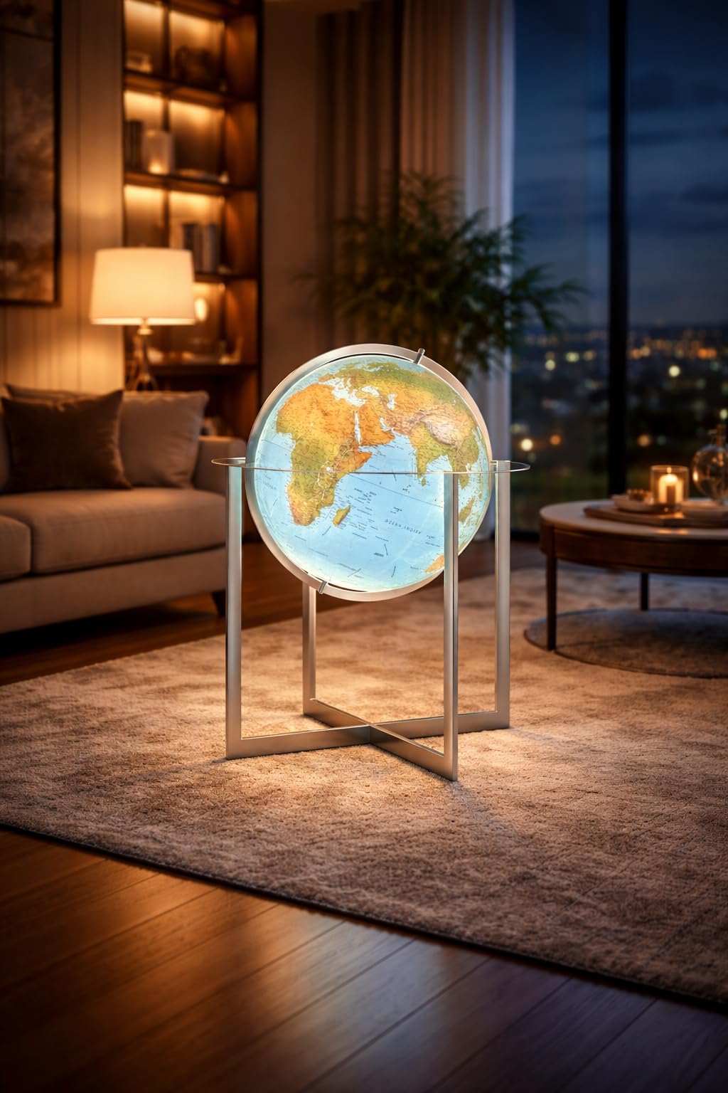 Mappamondo Luminoso da Terra con Base in Acciaio Cromato, Cartografia Fisico-Politica, Diametro 50 cm, Altezza 103 cm, Steel Blue - Progressio