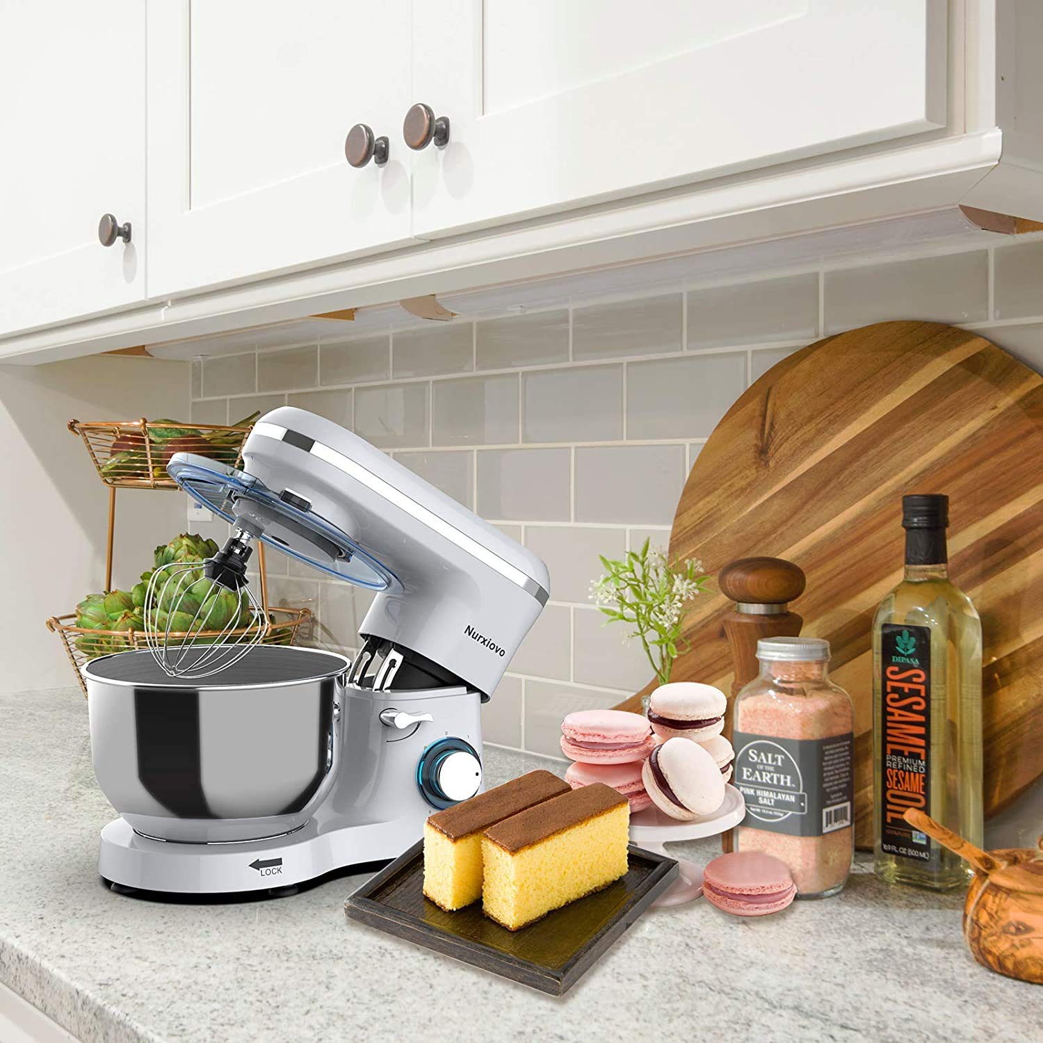 SUNCOO Stand Mixer, 1400W Kitchen Mixer Food Dough Machine with 6 Speed and Pulse, Home Mixer Stand up with 6.1L Stainless Steel Bowl, Whisk, Dough Hook, Beater, White