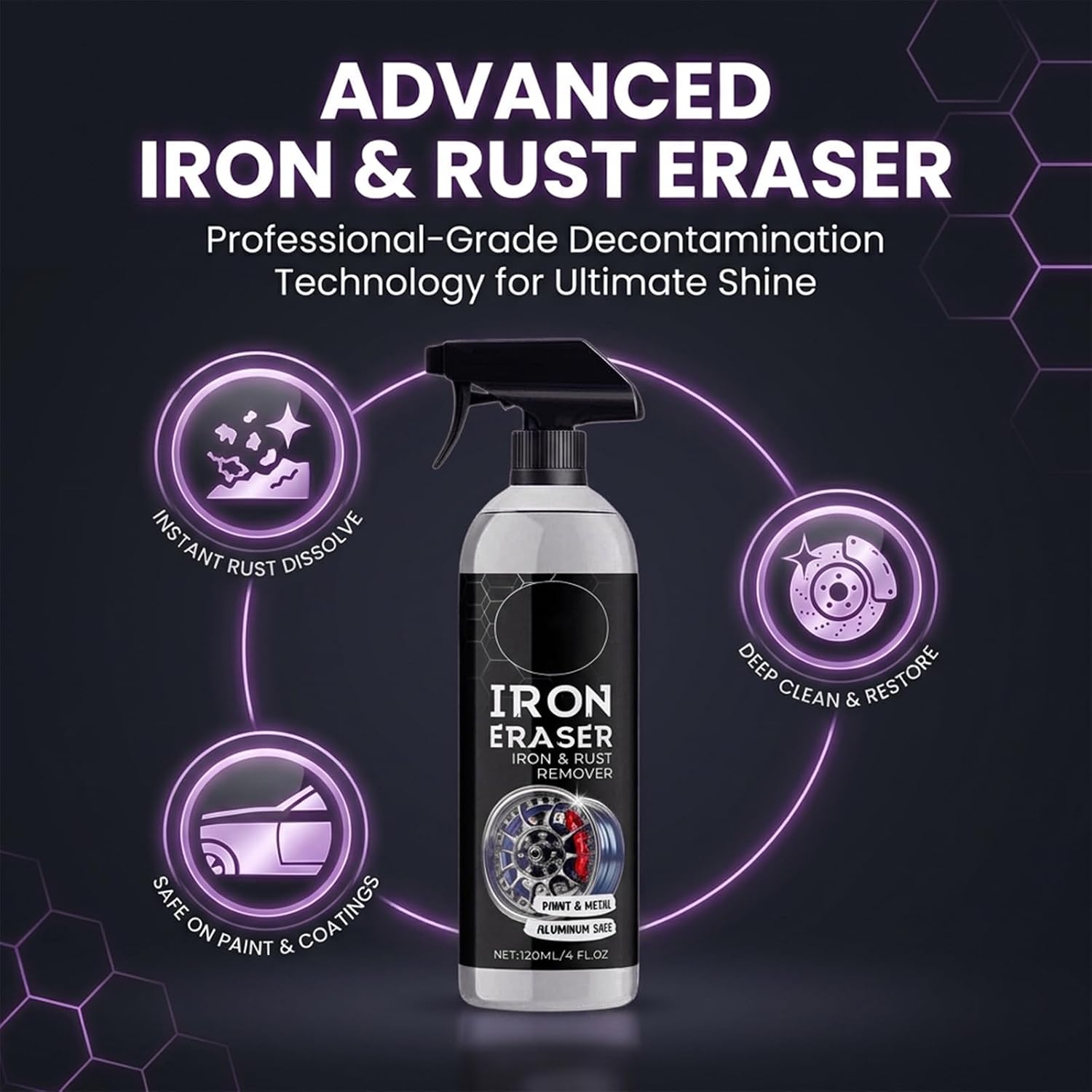 3 Pcs Iron Remover Spray for Cars & Metal: Fast Acting Iron Powder & Rust Cleaner - Automotive Fallout Remover for Wheels, Brake Dust, Stainless Steel, Tools & Outdoor Metal Cleaning (3)