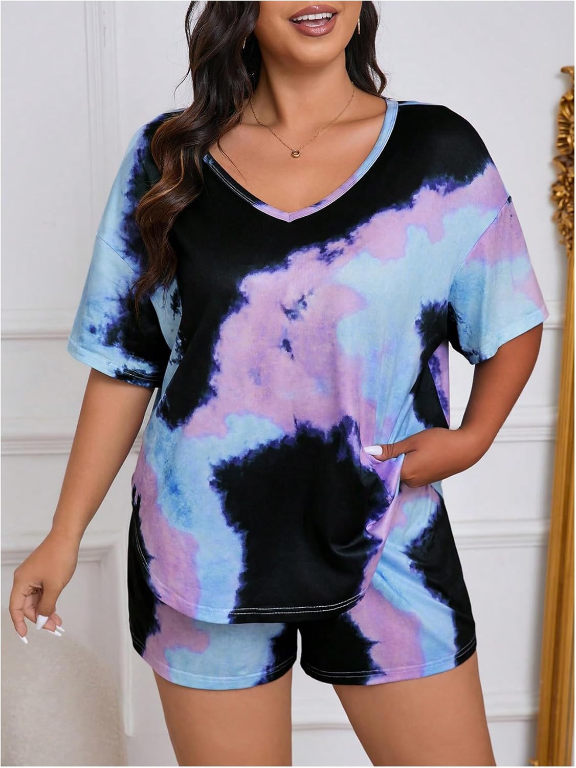 WDIRARA Women's Plus Size Tie Dye Pajama V Neck Short Sleeve and Shorts 2 Piece Nightwear - Image 3