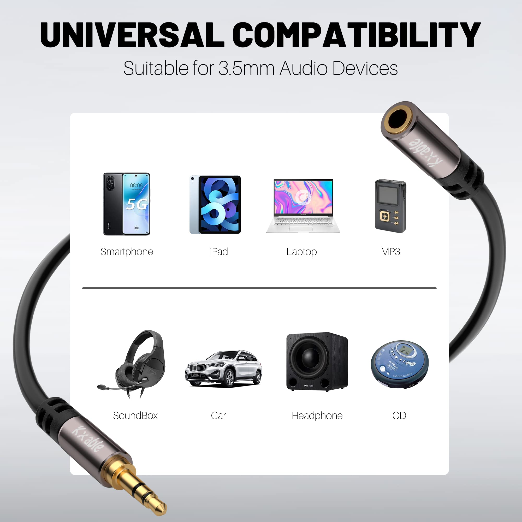 Cavo di prolunga da 3,5 mm, 30,5 m, cavo audio stereo ausiliario lungo da maschio a femmina, cavo di prolunga per cuffie, suono Hi-Fi, connettori placcati oro, nucleo OFC, cavo nero (con 5 fascette