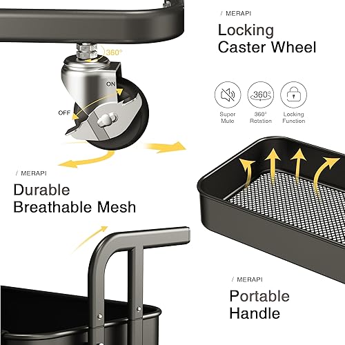 Miniatura 5 de 4 Tier Foldable Rolling Cart, Metal Utility Cart with Wheels, 3 Hanging Cups and 6 Hooks, Folding Trolley for Living Room, Kitchen, Bathroom,