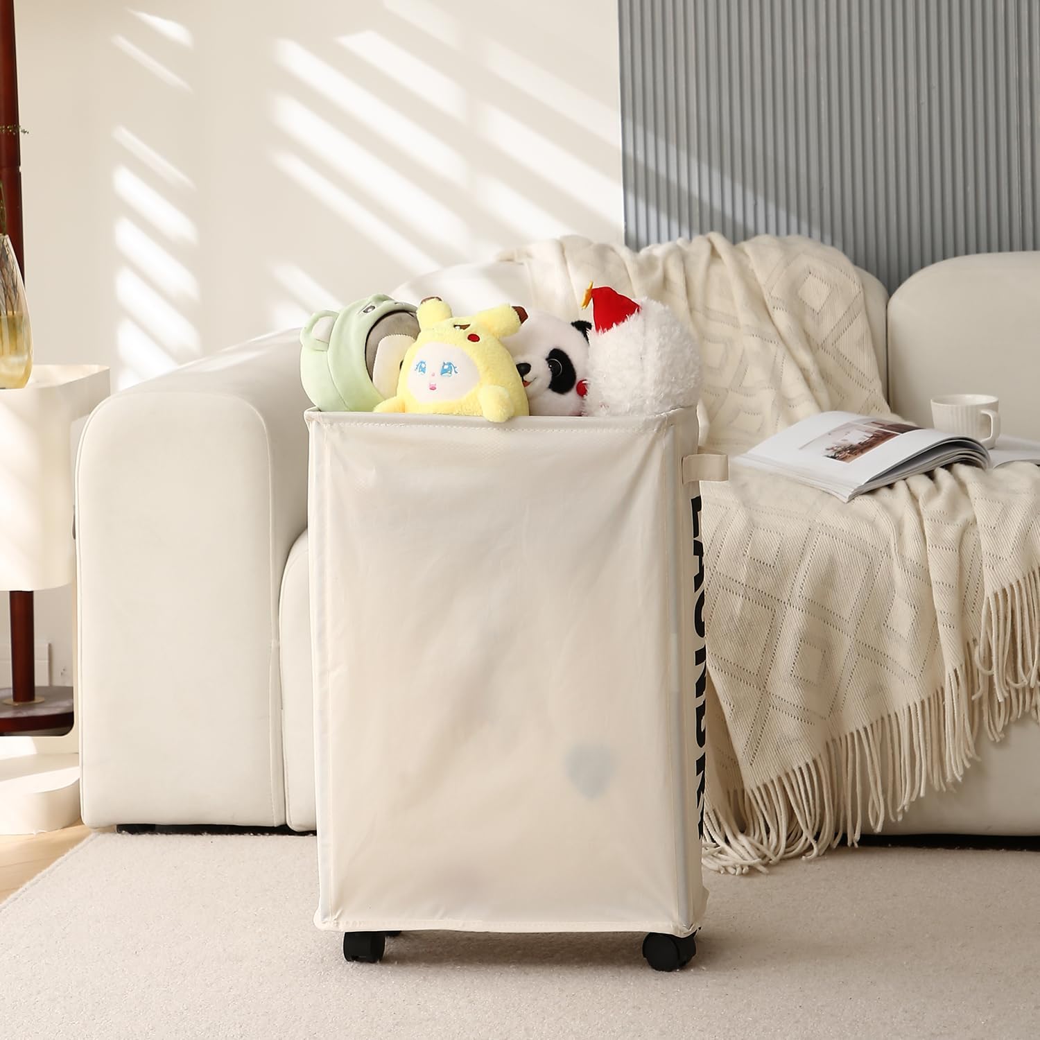 Rolling Laundry Basket with Lid - HOKIPO Cream -9