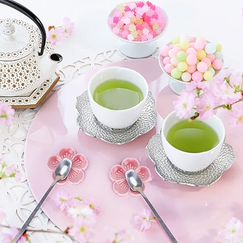 Miniatura 7 de Whaline Soporte para cucharas de café con flores, 4 piezas, soporte para cucharaditas de cerámica con flores de cerezo rosa, accesorios para