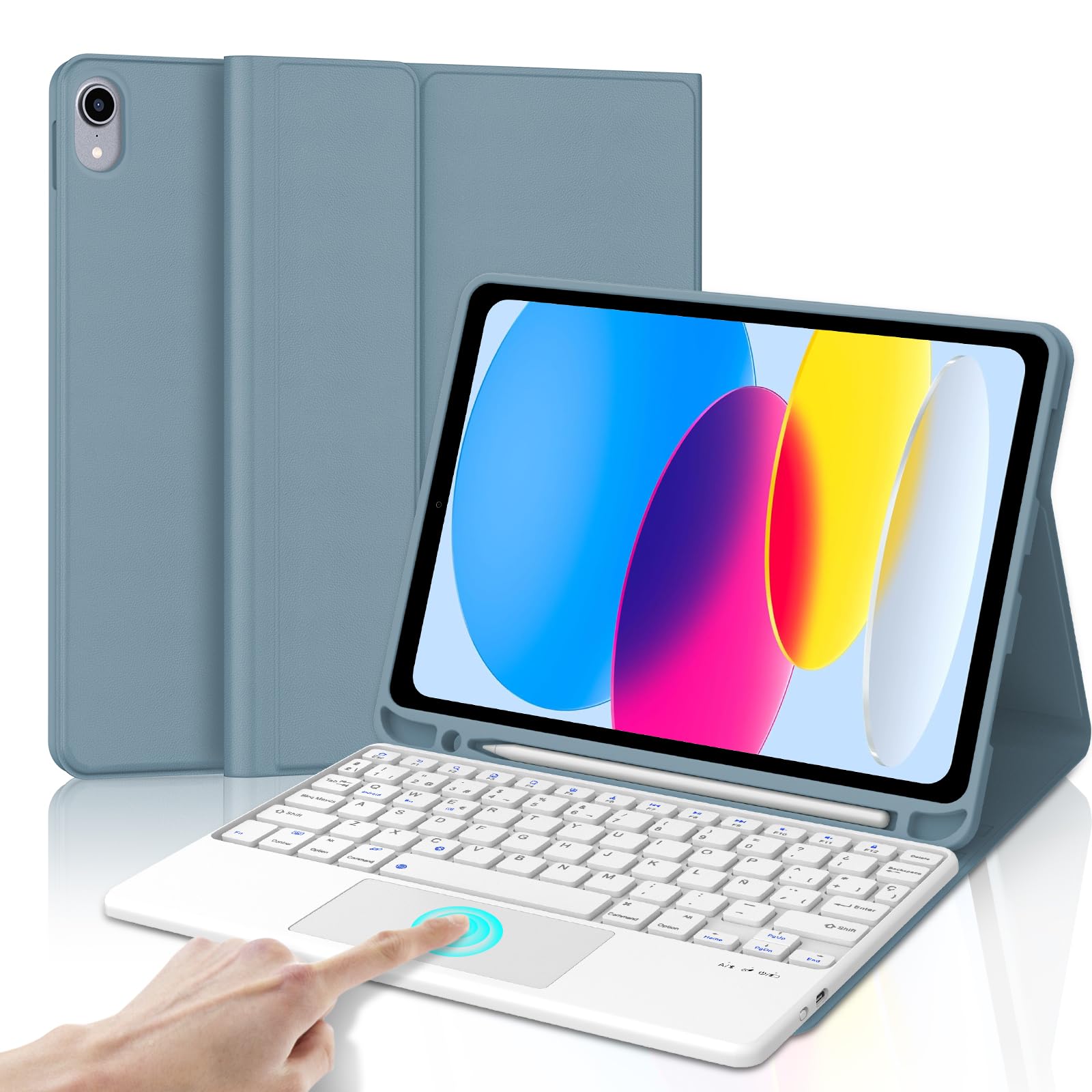 Funda Teclado para iPad A16 11 Generación 2025/10 Gen 2022 11/10.9 Pulgadas | Keyboard Touchpad QWERTY Español Ñ, Bluetooth Magnético Desmontable Teclado Trackpad con Portalápices, Azul gris