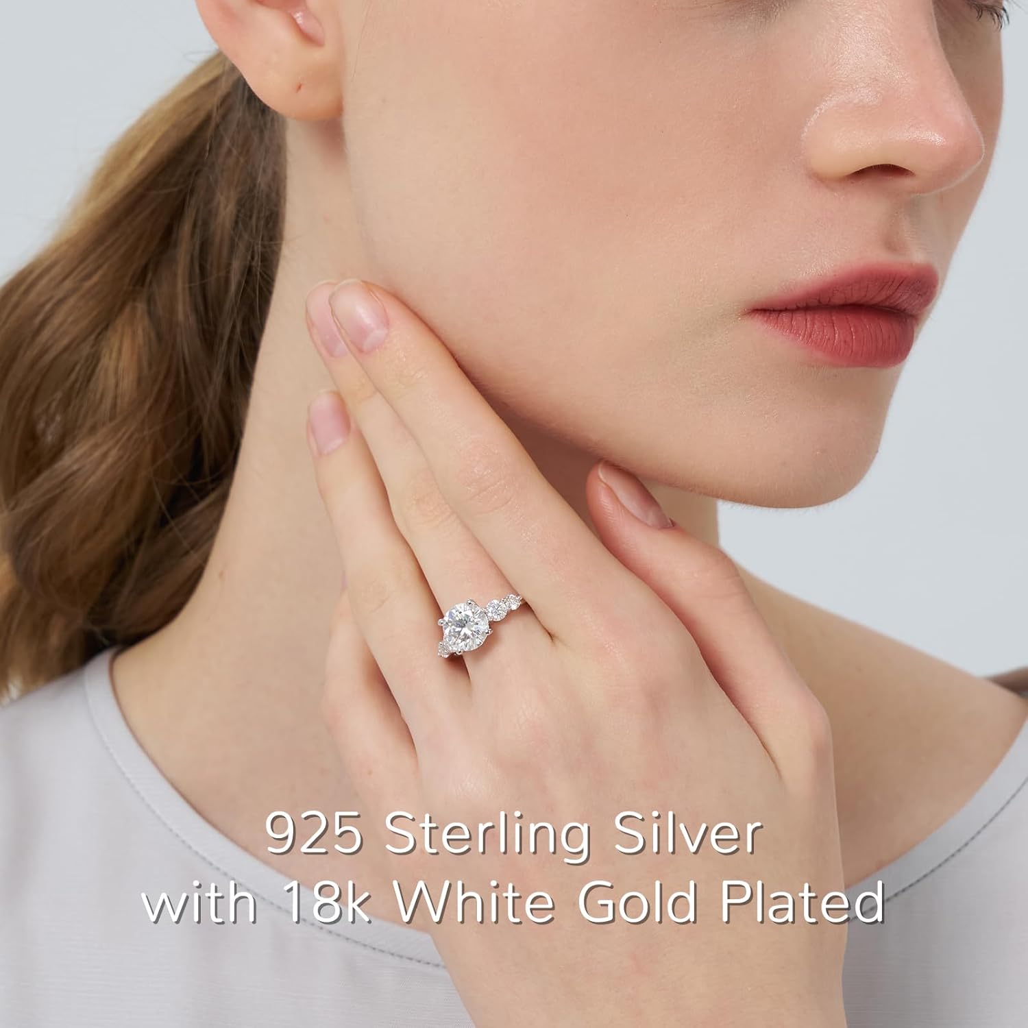 3.8CT 5-Stone Moissanite Engagement Ring, 3CT Center Stone D VVS1 S925 Silver 18K White Gold Plated Wedding Promise Ring for Women Size 4.5-10| Perfect Valentine’s Day Gift - Image 4