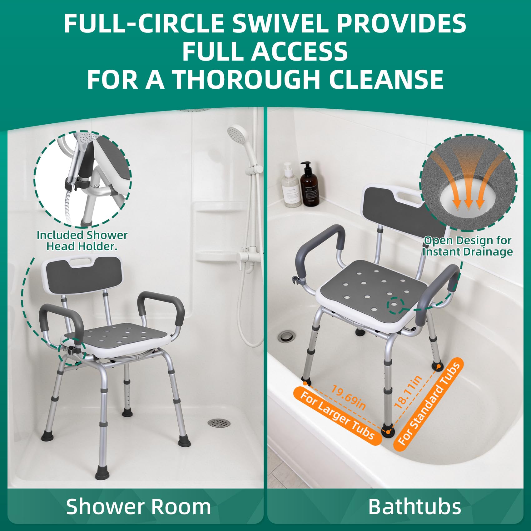 Silla de ducha giratoria con brazos y respaldo, silla de ducha resistente de 400 libras para ancianos y discapacitados, taburete de ducha ajustable en altura para ducha interior, asiento de banco de