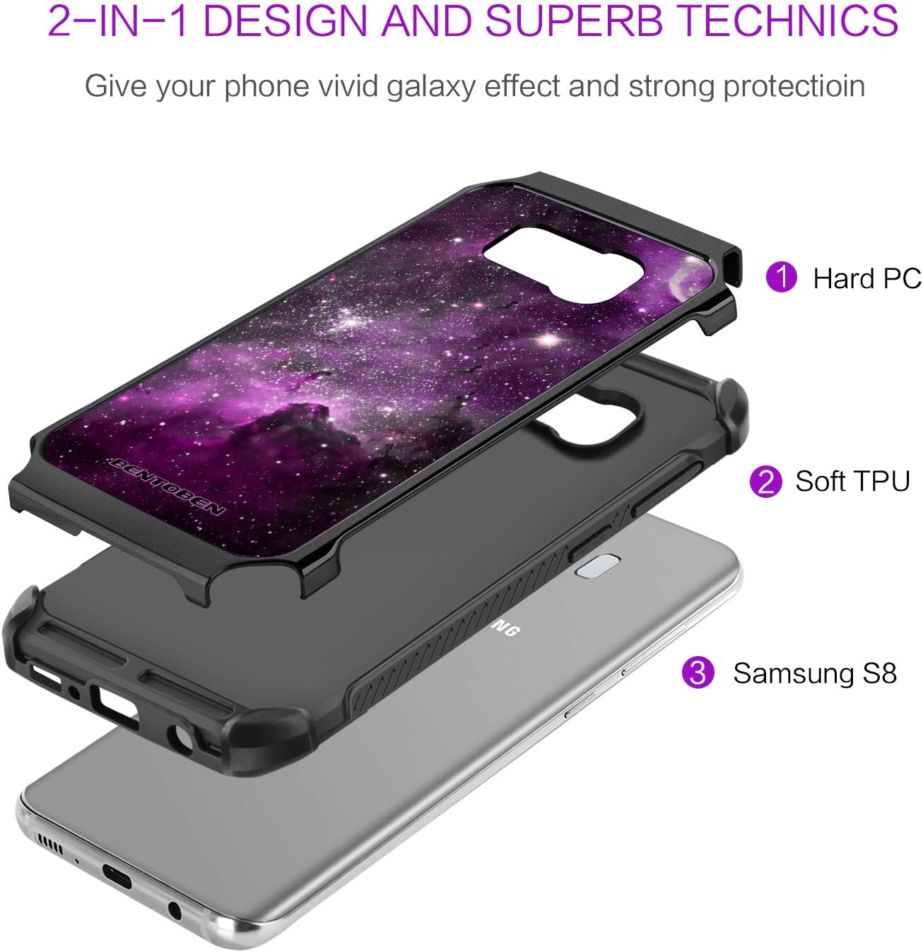 BENTOBEN Galaxy S8 Case, Space Pattern Shockproof Hybrid Dual Layer Hybrid Hard PC Soft TPU Bumper Glow in The Dark Protective Phone Cases Cover for Samsung Galaxy S8 5.8" 2017, Purple Space Design
