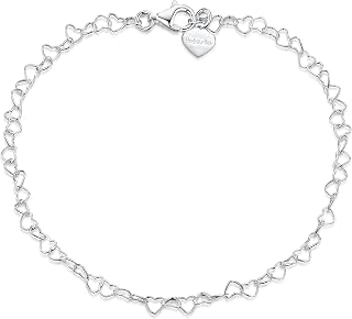 Amberta 925 Sterling Silver Heart Chain Adjustable Anklet for Women - Up to 10", Nickel-Free, Made in Italy