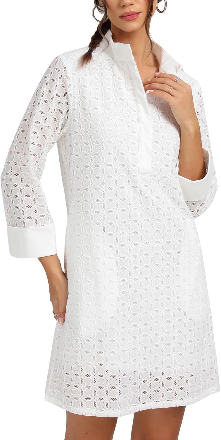 Kedera Women's Summer Long Sleeve Mini Dress V Neck Hollow Out Eyelet Shift A Line Swing Short Party Dresses - Image 4