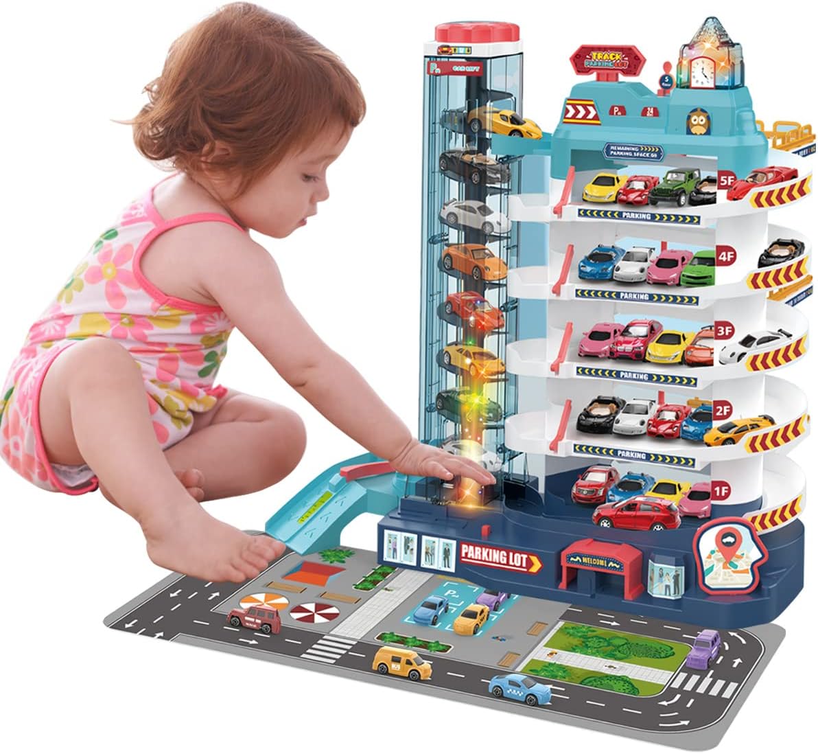 City Garage Playset Car Race Track for Toddlers, 5 Level Garage Track