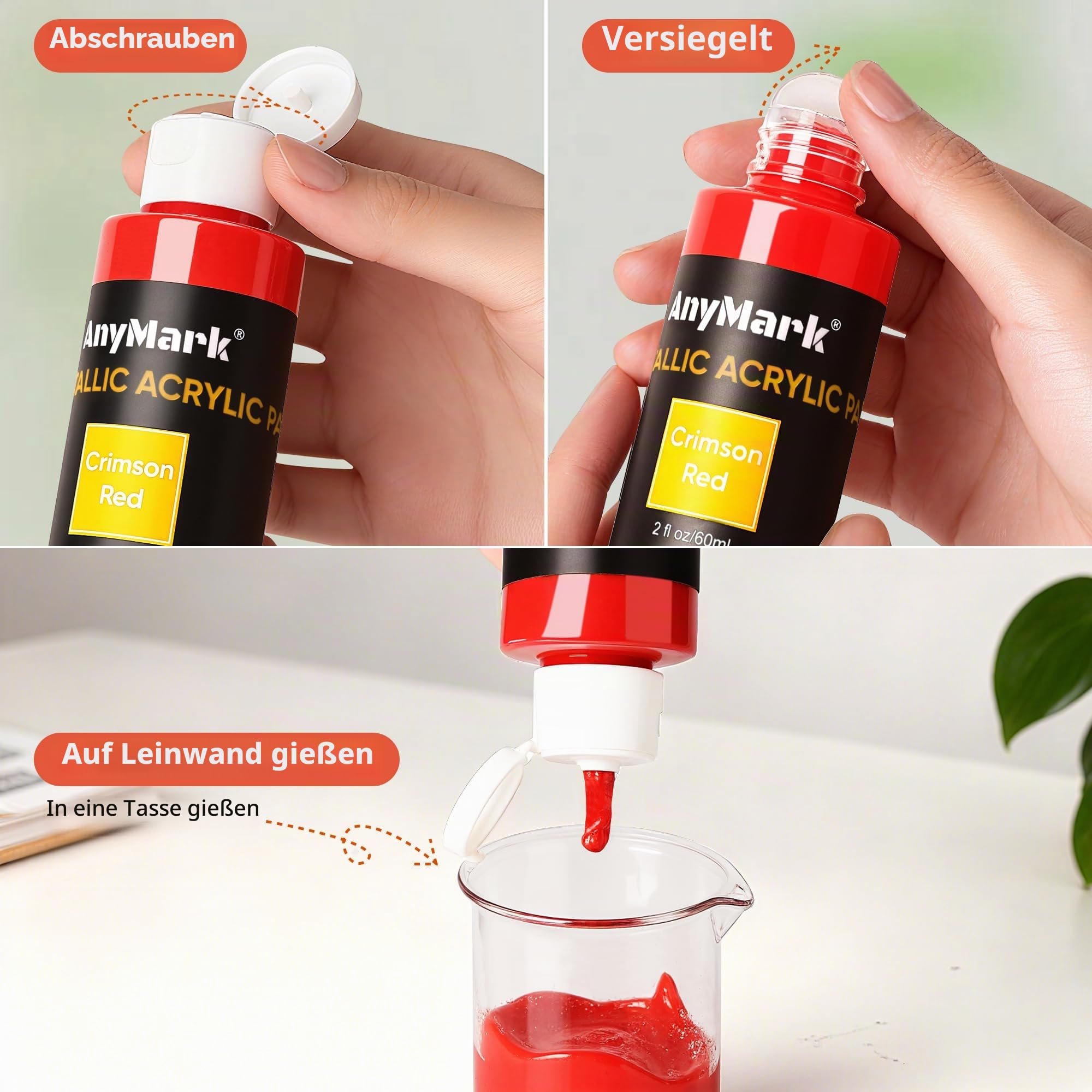 AnyMark Metallic Acrylfarbe, 48 Farben Acrylfarben-Set | Ungiftige Malutensilien für Leinwand, Stein, Holz, Keramik, 2 fl oz/60 ml Flaschen, 12 Pinsel