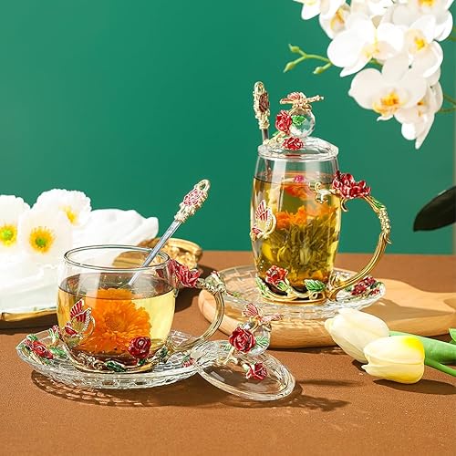 Miniatura 3 de Lantree. Taza de Navidad, para café, de vidrio, con tapa, cuchara, plato, para boda, aniversario, cumpleaños, para mujeres, mamá, hermana, amiga.