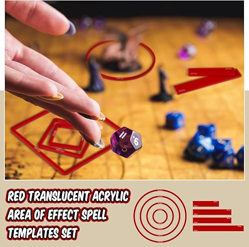 Miniatura 7 de Sintuff Juego de 15 plantillas de hechizos AOE de daño de acrílico translúcido rojo de área de efecto, incluye 5 cubos, 4 círculos, 2 conos, 4