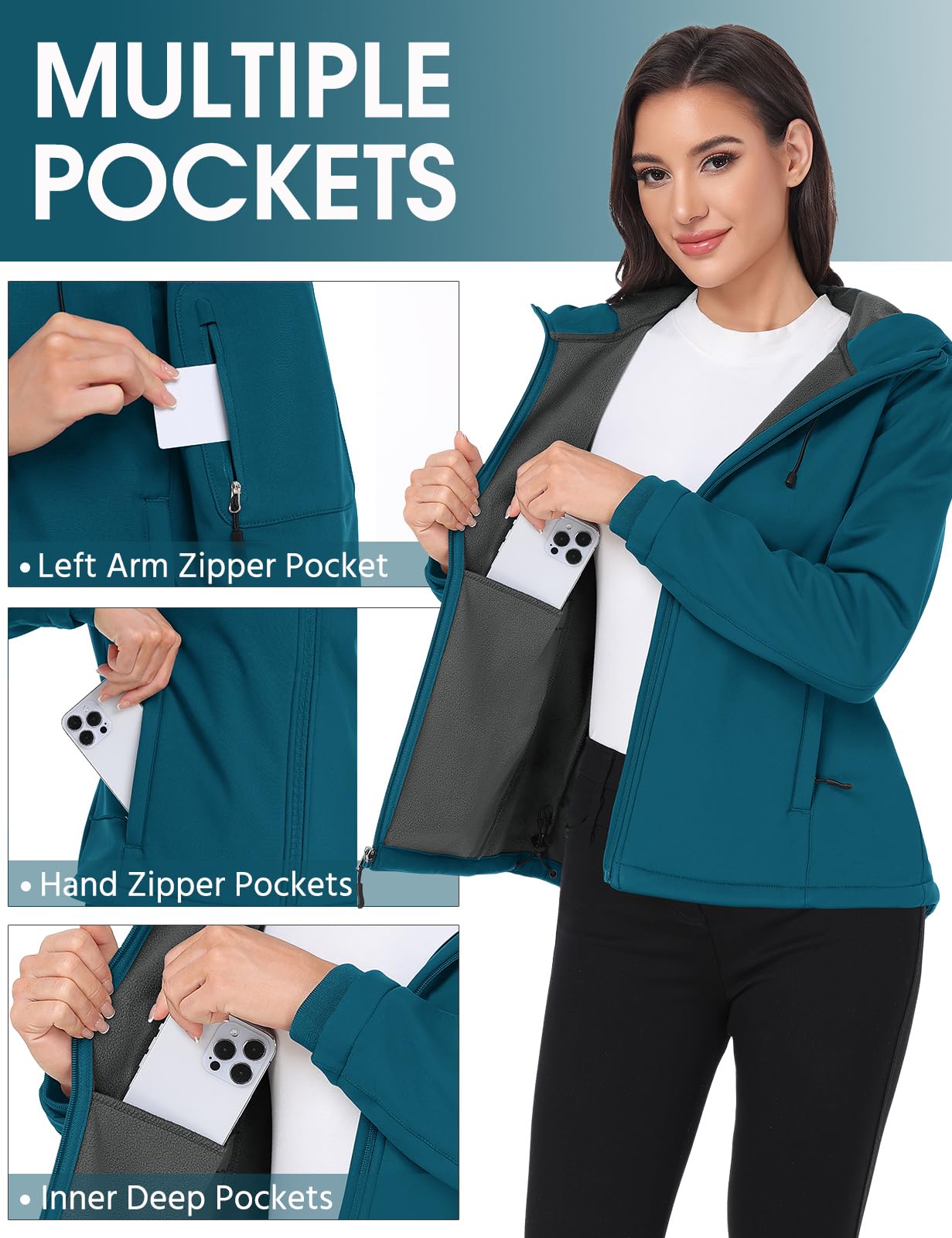 Vancavoo Chaqueta Softshell Mujer Invierno Impermeable Senderismo Abrigo con Capucha Cortavientos Transpirable Jacket