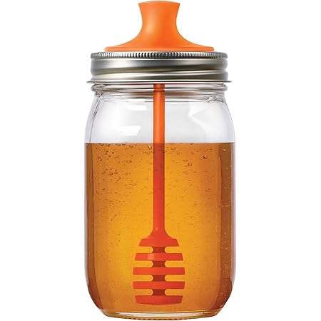 Jarware Honey Dipper Lid for Regular Mouth Mason Jars, Orange, 16-Ounce