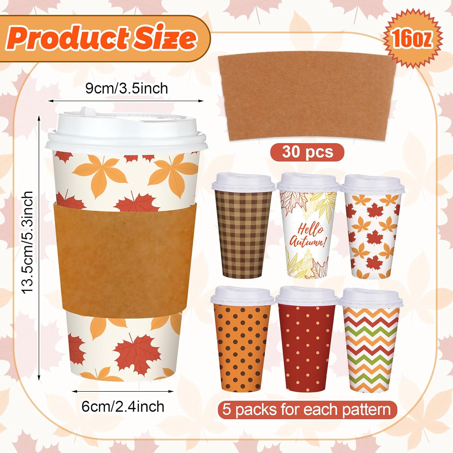 Sosation 90 Pieces/30 Sets Hello Autumn Paper Coffee Cups 16 oz Disposable Fall Cups with Lids and Sleeves Maple Leaves Beverage Paper Cups for Hot Cold Drinks Autumn Thanksgiving Party