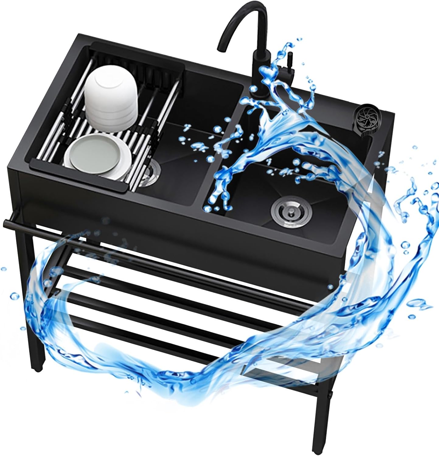 Stainless Steel Sink,Black Kitchen Sink,Stainless Steel Sink With Two Bowls,Compartment Sink With Drainer Unit And Tap,With Cold And Hot Tap For Outdoor Laundry Bar Restaurant,4753 Hot And Cold Fauce