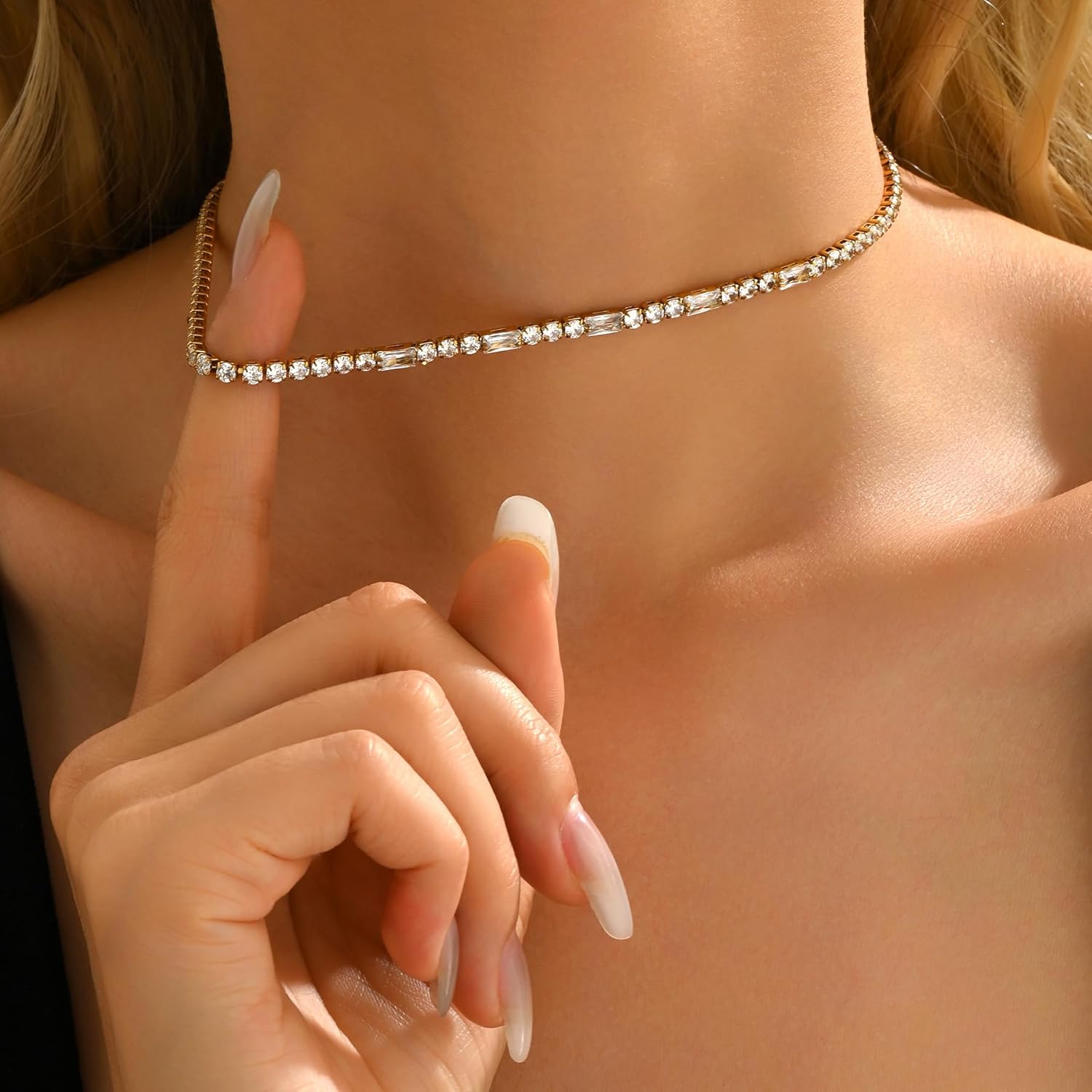 Tennis Necklaces for Women 18K Gold Plated White Red Green Blue Cubic Zirconia Necklaces Dainty Rhinestone Choker Necklaces Trendy Faux Diamond Tennis Chain 3mm - Image 4