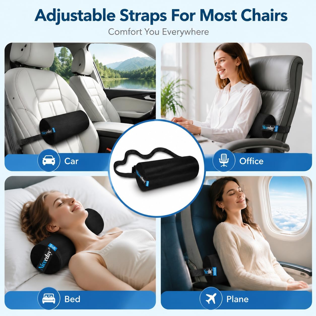 Lumbar Roll 2 Pack, Upgrated Soft & Firm Density with Non Slip Adjustable Straps, Low Back Lumbar Support for Office Chair & Car Seat Back Support Cushion, Lumbar Support for Car Seats, Desk Chair