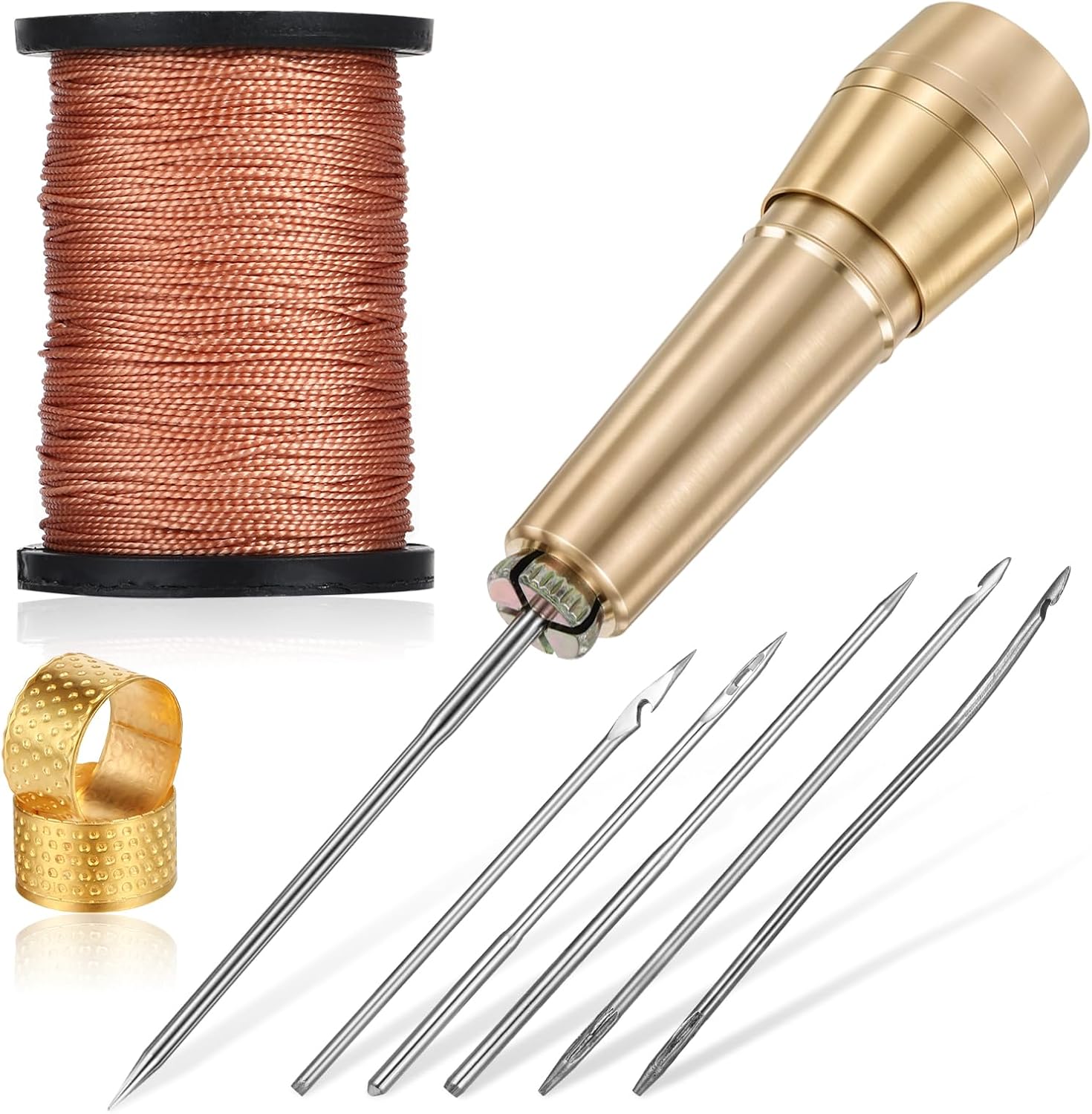 9pcs Leather Sewing Awl Kit Including 45m Thread and Thimble Canvas Leather Sewing Awl Needle with Copper Handle with 6 Needles for Craft Needle Kit Shoe Repair Tool