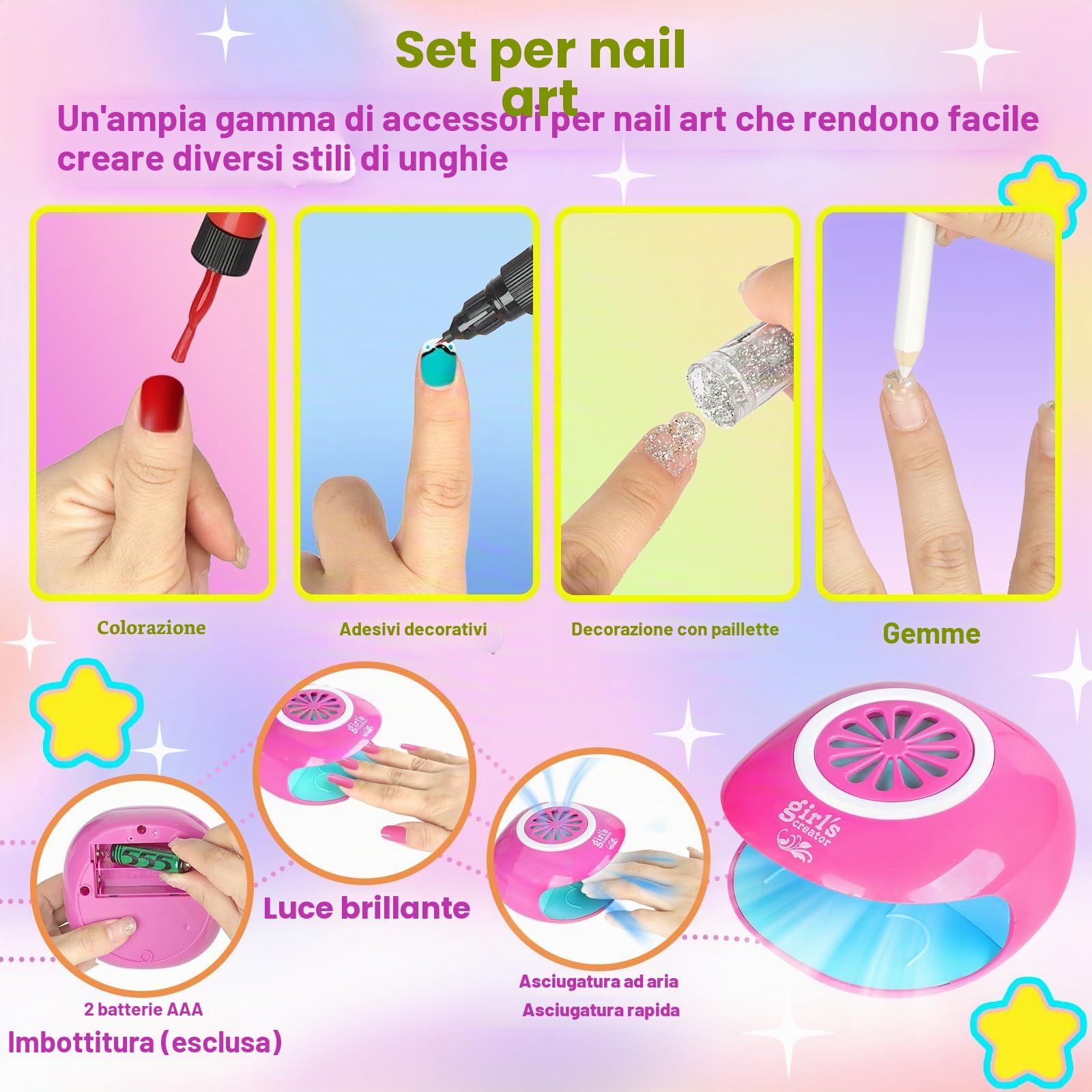 UCAMP Set Unghie Bambini, Manicure Gioco, Kit Smalto per Unghie, Nail Art per Ragazze 6-10 Anni