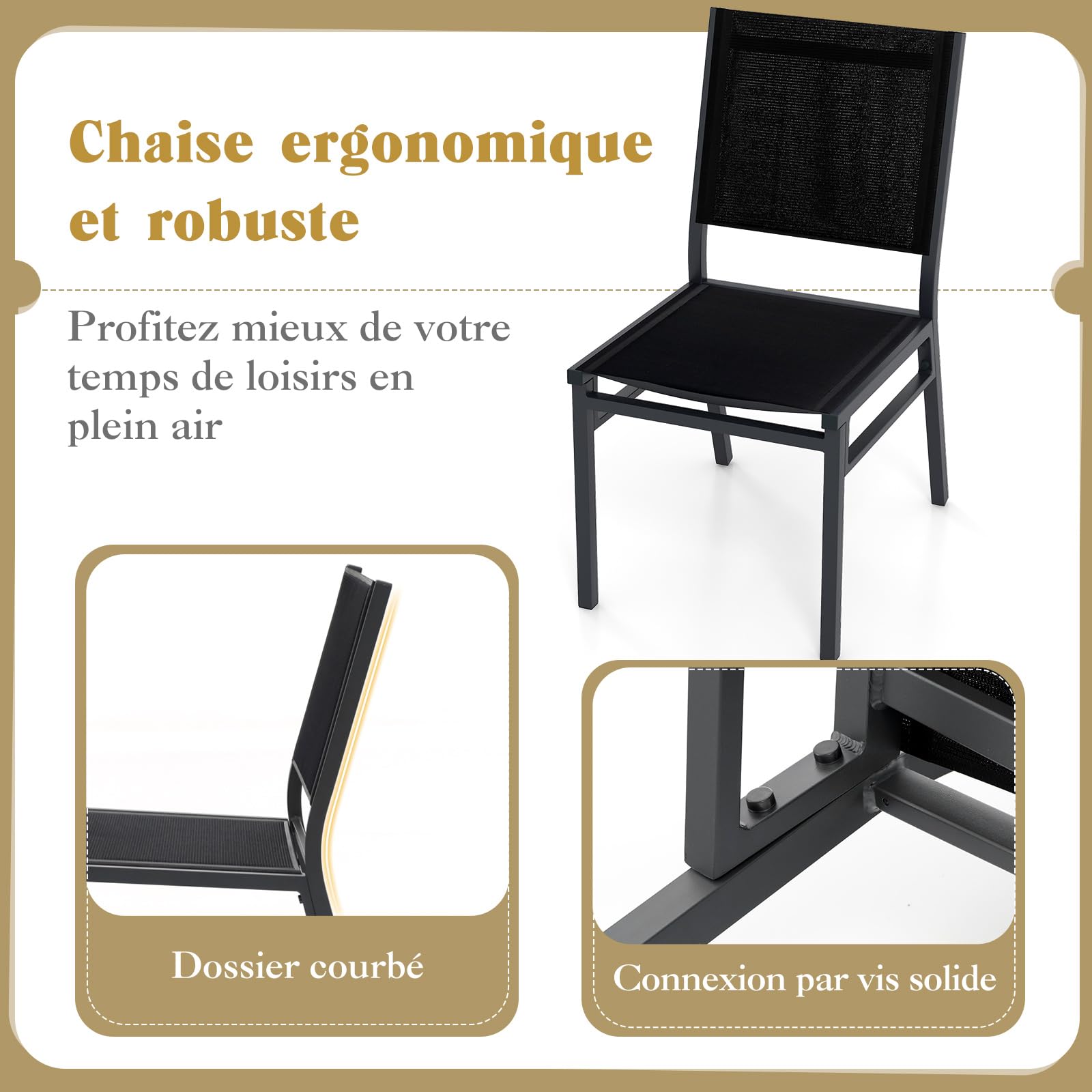 COSTWAY Lot de 2 Chaise de Jardin Extérieure avec Cadre en Aluminium, Chaise de Terrasse sans Accoudoirs, Chaise de Salle à Manger pour Patio avec Siège et Dossier Respirants, Charge 150 KG