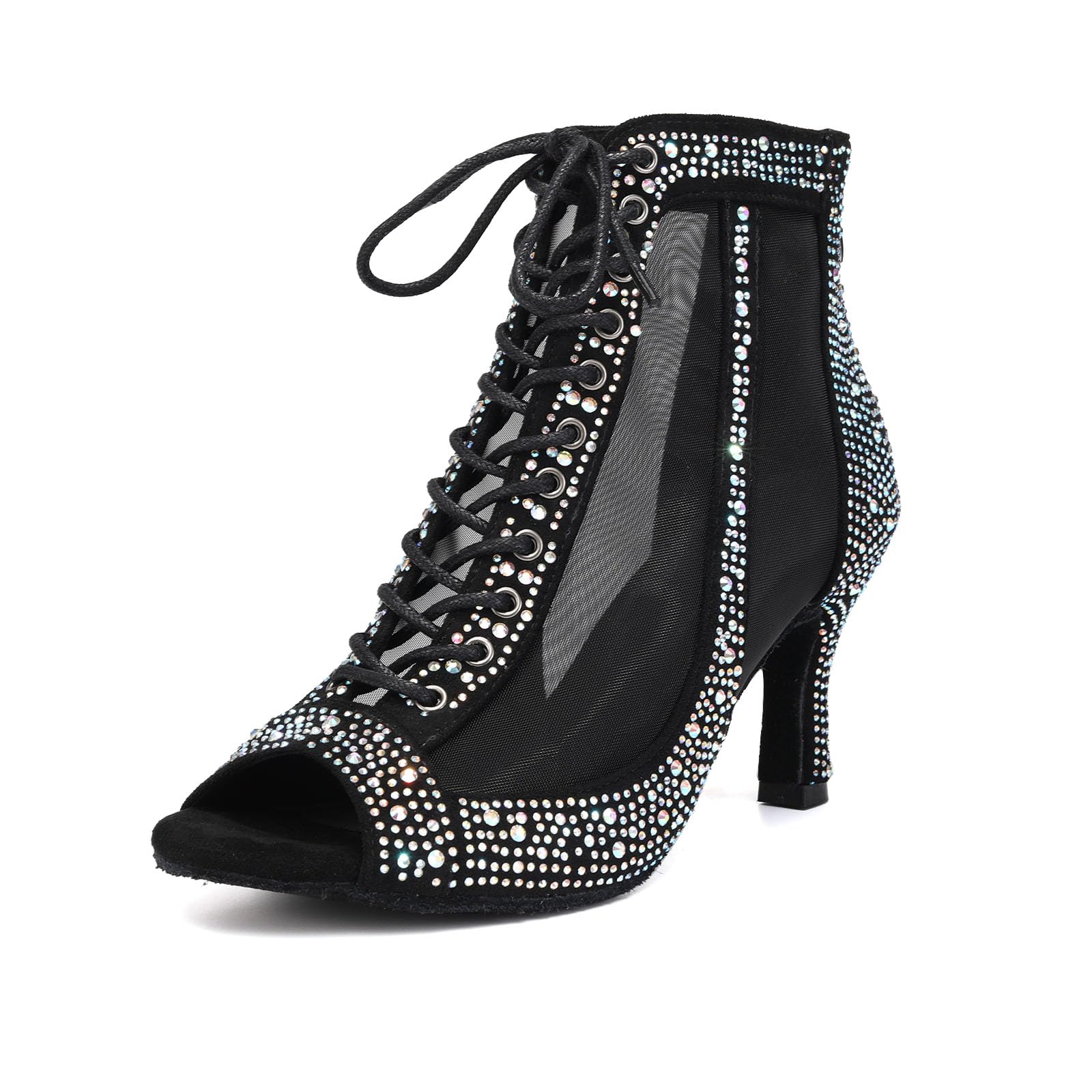 Scarpe da Ballo Latino Donna Punta Aperta Stivali da Ballo Salsa Strass,YCL551 | Burju Dance Heels - Stivali da ballo da 7,6 cm, per feste e discoteche