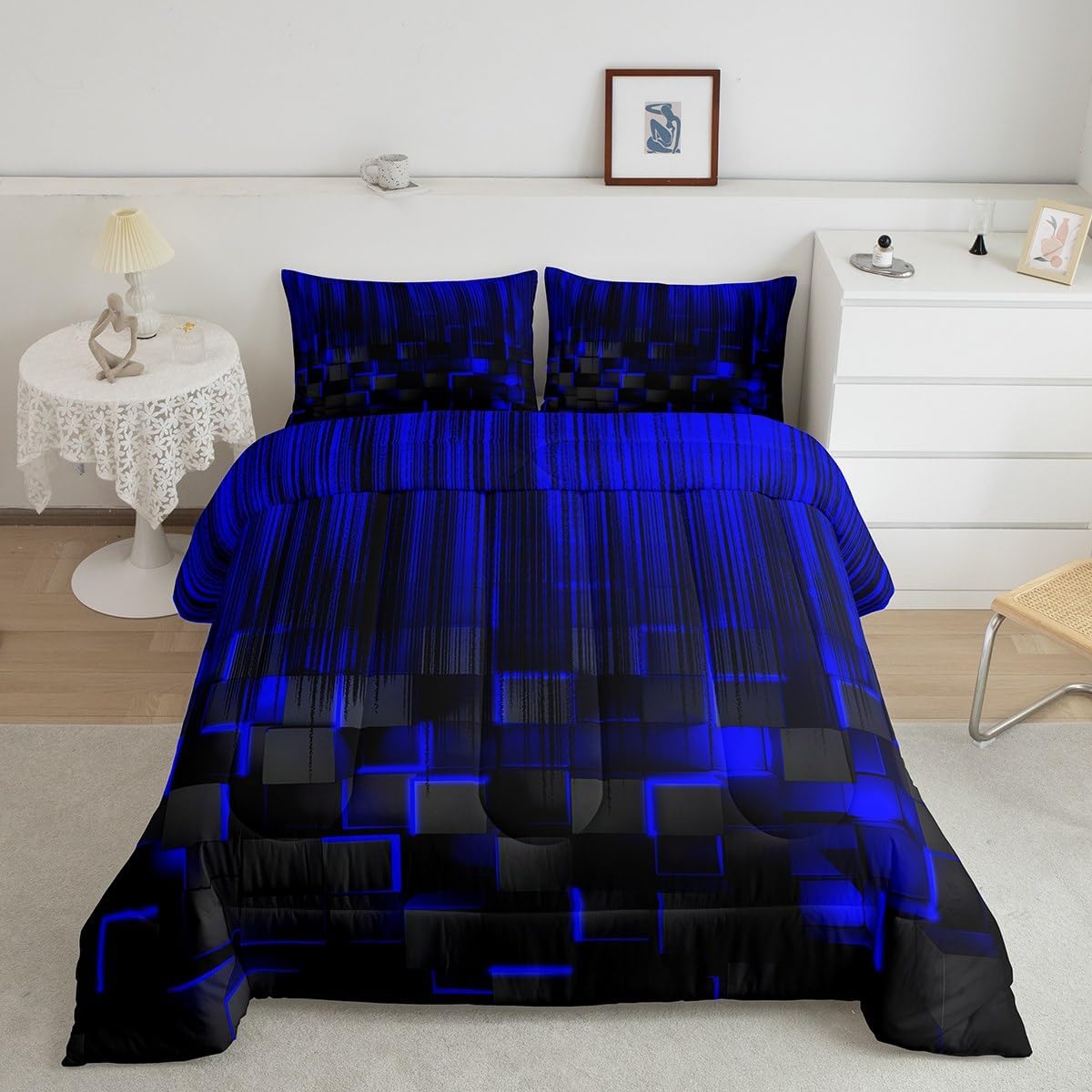 Feelyou Blue and Black Comforter Set Full Size Kids Comforter for Boys Teens Honeycomb Bedding Set Strip Lines Duvet Set Room Decor Quilt Set