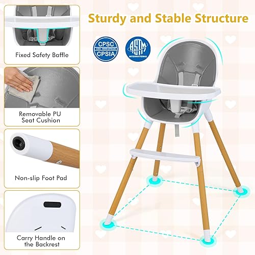 Vista 13 de HONEY JOY Silla alta, silla alta 3 en 1 Eat & Grow con bandeja extraíble, arnés de seguridad, patas de acero, cojín de poliuretano y reposapiés