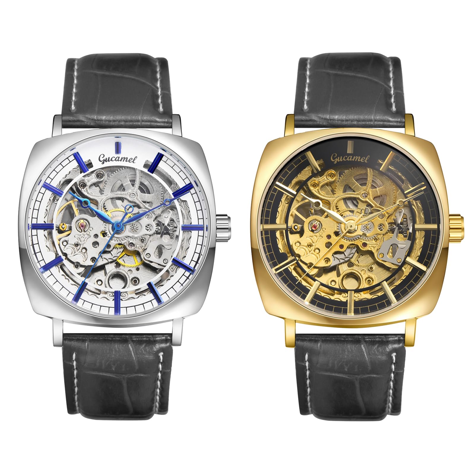 JewelryWe Herrenuhr Automatik Mechanische Uhr 30m wasserdicht Analog Automatische Armbanduhr Automatikuhr Herren Schwarz Echtes Lederarmband Skelett Uhr