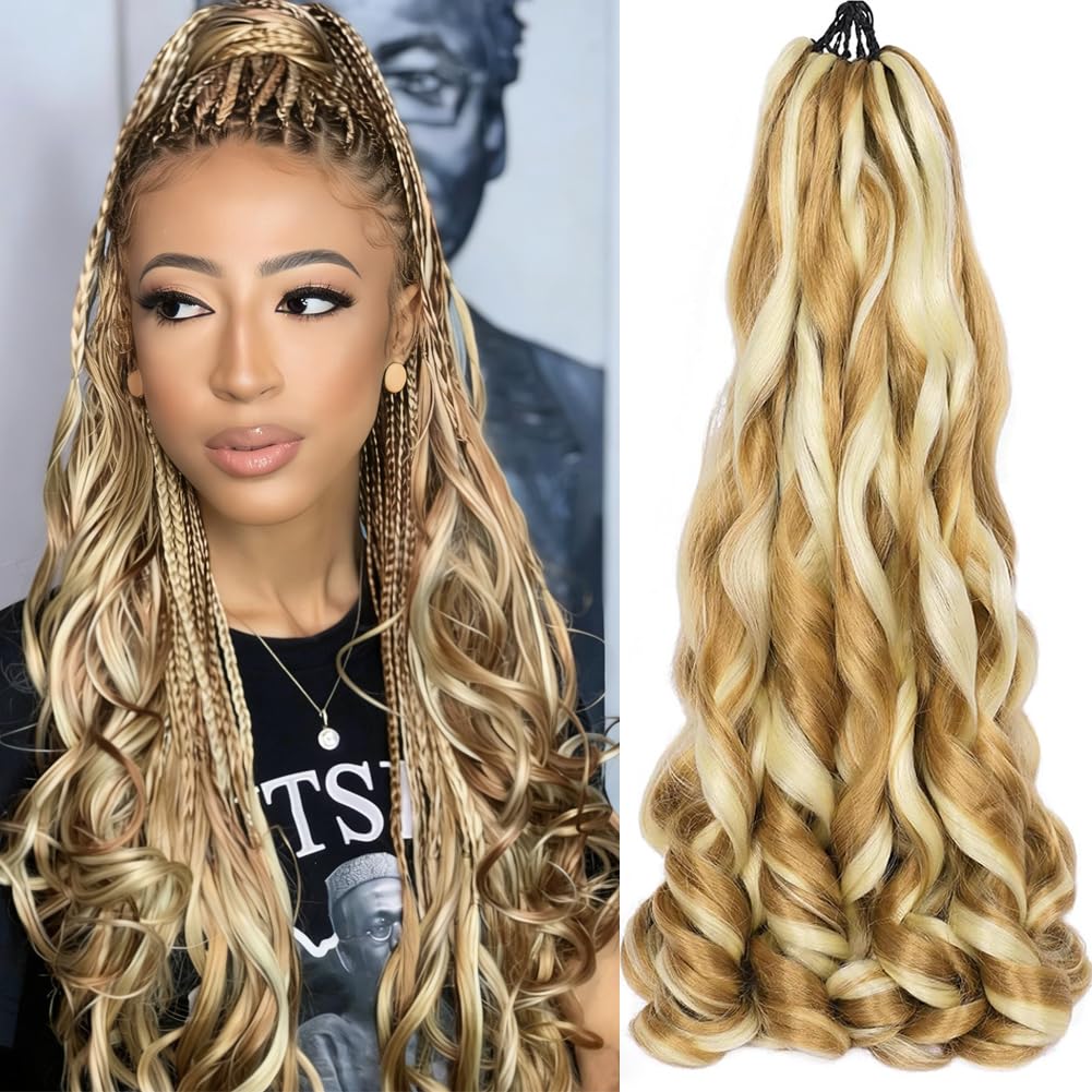 French Curly Braiding Hair 7 Packs 22 Inch Pre Stretched Braiding Hair Bouncy Loose Wave Crochet Hair for Women (7 Packs, 27/613#)