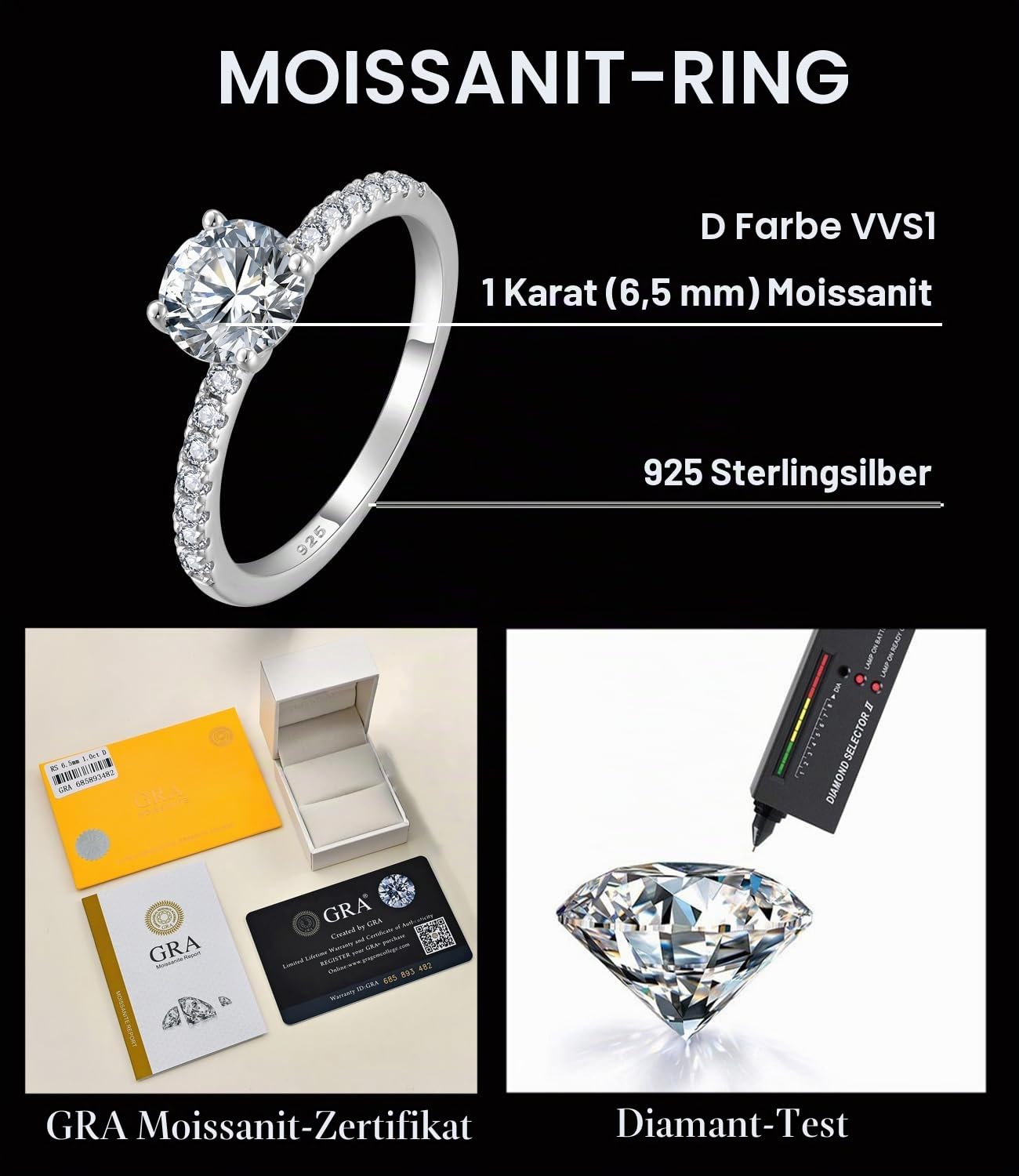YL 1 Karat Moissanite Ring Verlobungsring 925er Sterlingsilber Rundschliff Moissanit Farbe D VVS1 Schmuck Geschenke für Damen