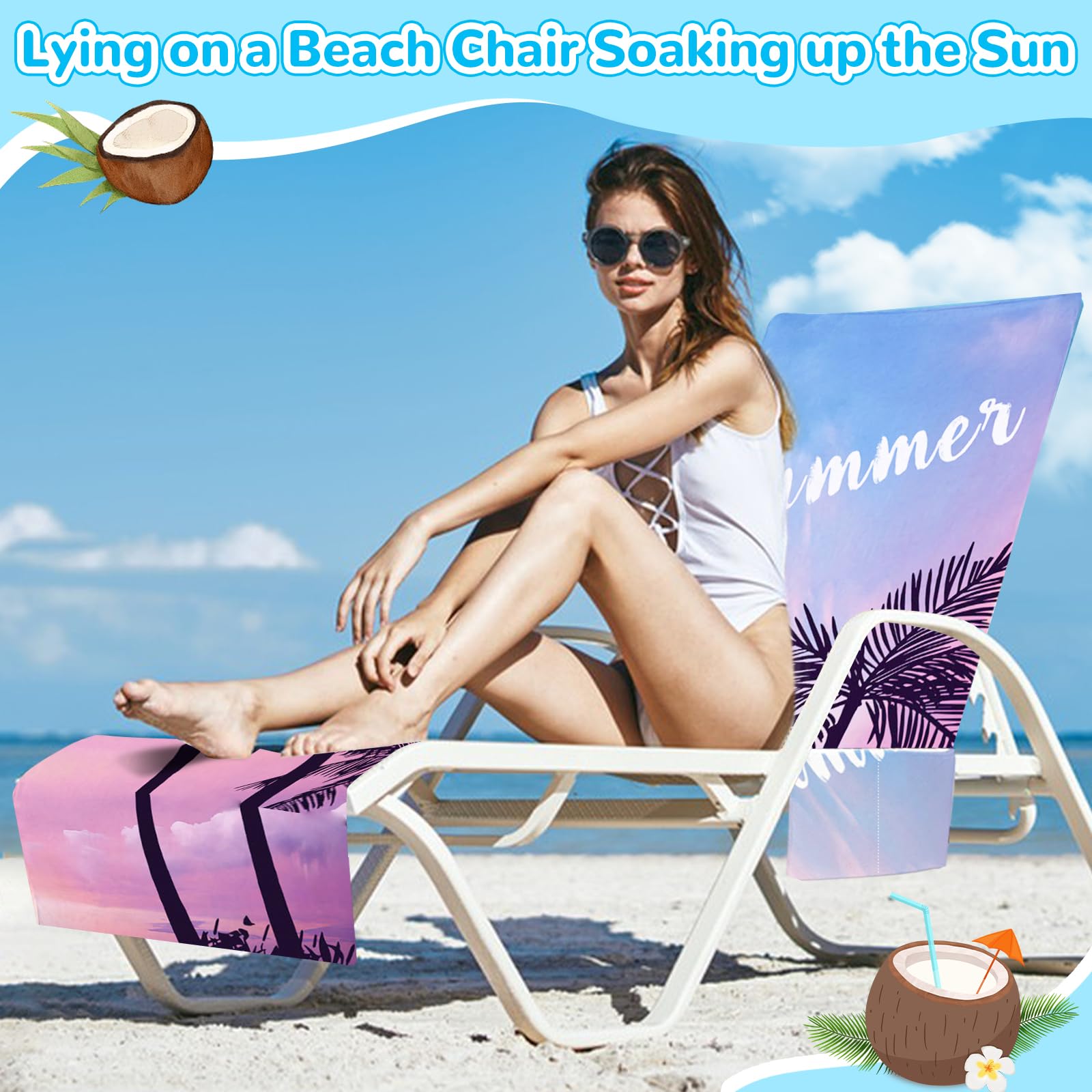Cyiecw Funda para Tumbona de Felpa, Doble Cara Microfibra de Secado Rápido, 2 Bolsillos Laterales Toalla de Playa para Tumbonas Piscinas Playas y Jardines, 75x210cm (Summer)
