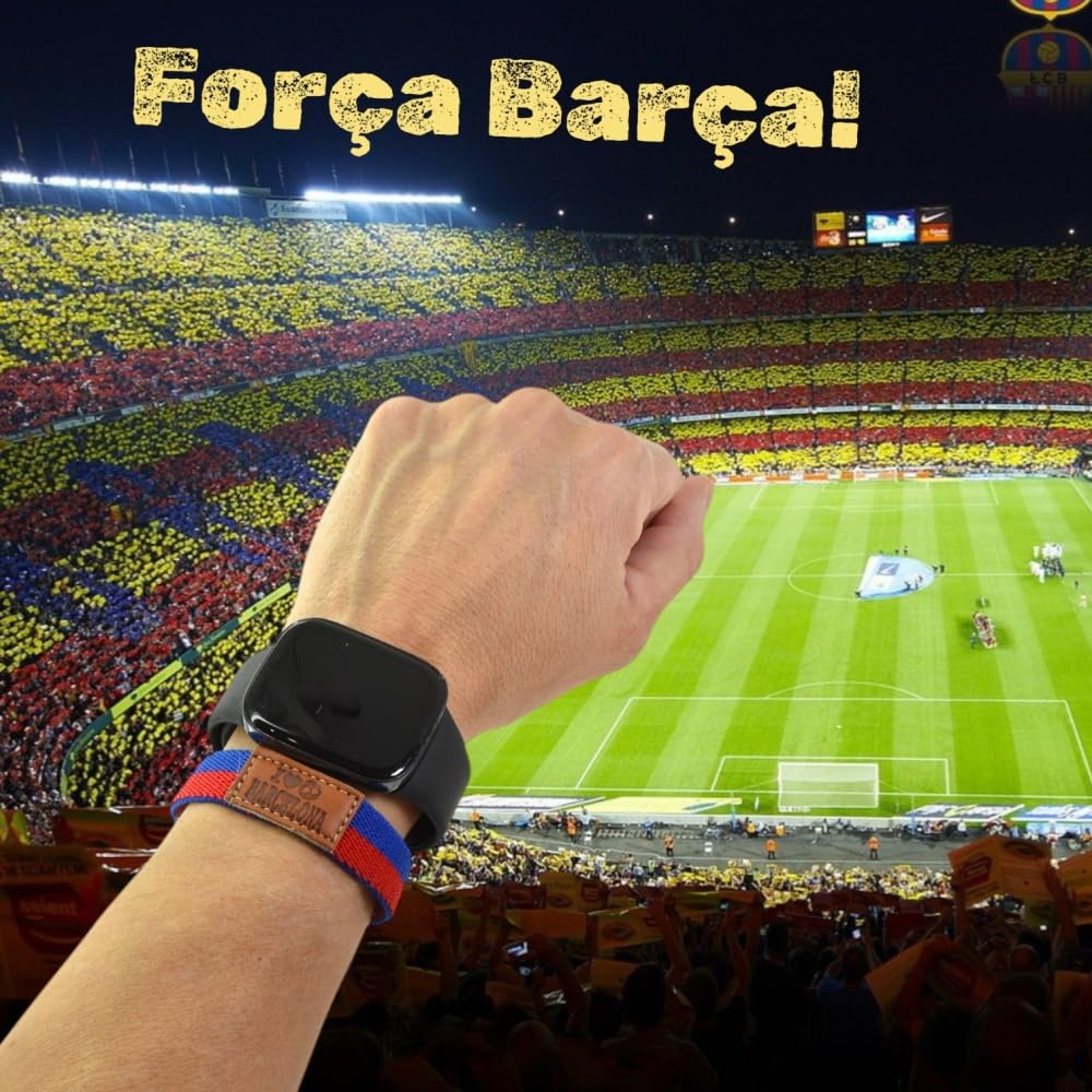 BDM Braccialetto e Portachiavi Barcellona Azulgrana Calcio| Tessuto Elastico con Toppa in Pelle I Love Barcelona | Taglie 16-18 cm e 18-20 cm | Pacco o Singolo