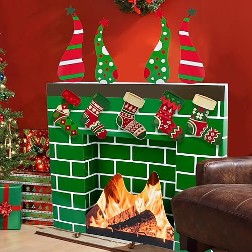Miniatura 5 de Chimenea de cartón de Navidad para chimenea, telón de fondo 3D de ladrillo verde gigante para decoración de fiesta de Navidad, decoración de fondo,