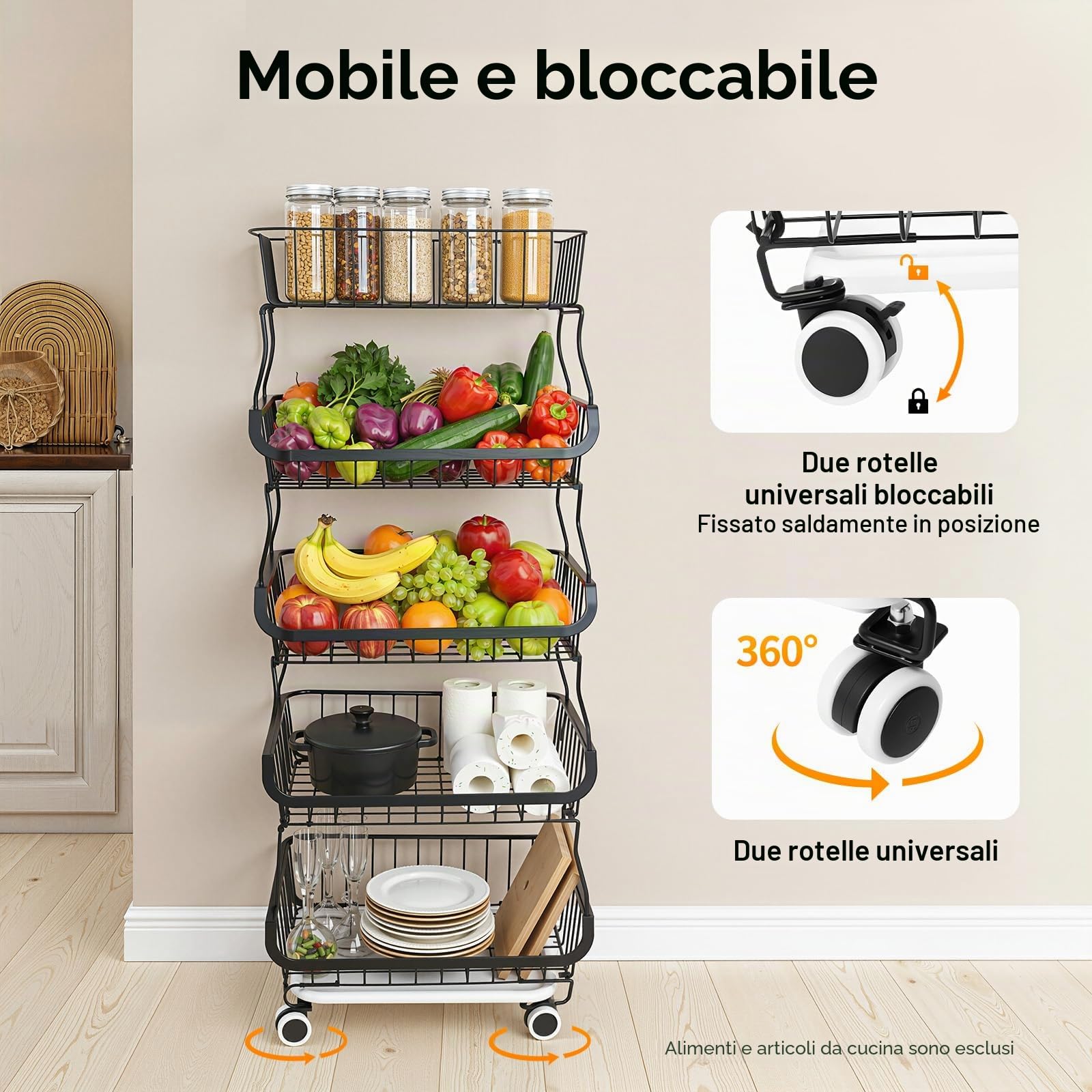 Scaffale da cucina a 5 ripiani, con ruote, cestino per frutta e verdura, impilabile in filo metallico con ruote, cestino per prodotti per scaffalatura, carrello per dispensa, carrello per