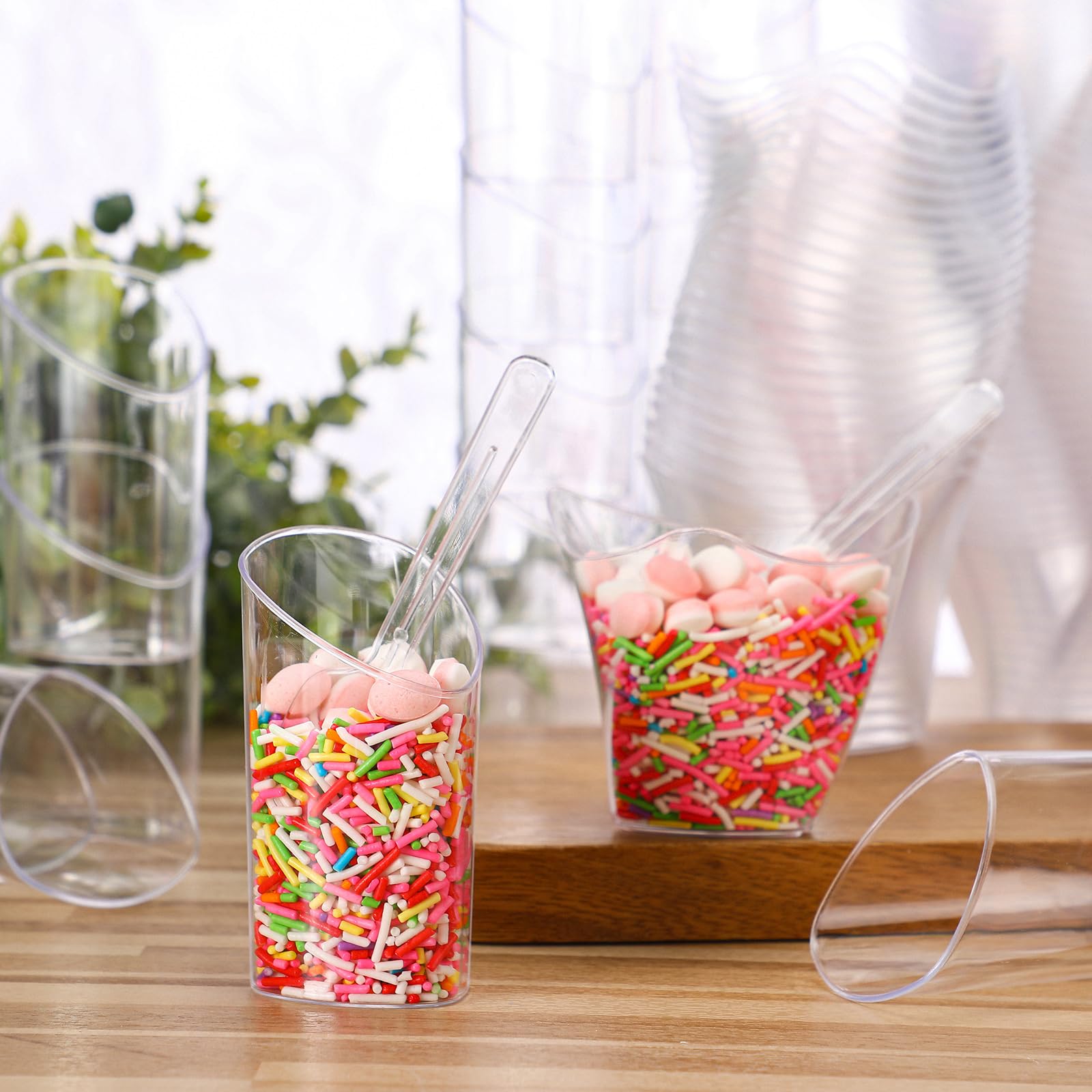 Paquete de 300 mini vasos de postre con cucharas, de plástico transparente, taza redonda inclinada para postres, copa cuadrada de corazón, tazas de parfait transparentes para tiradores de fiesta (3