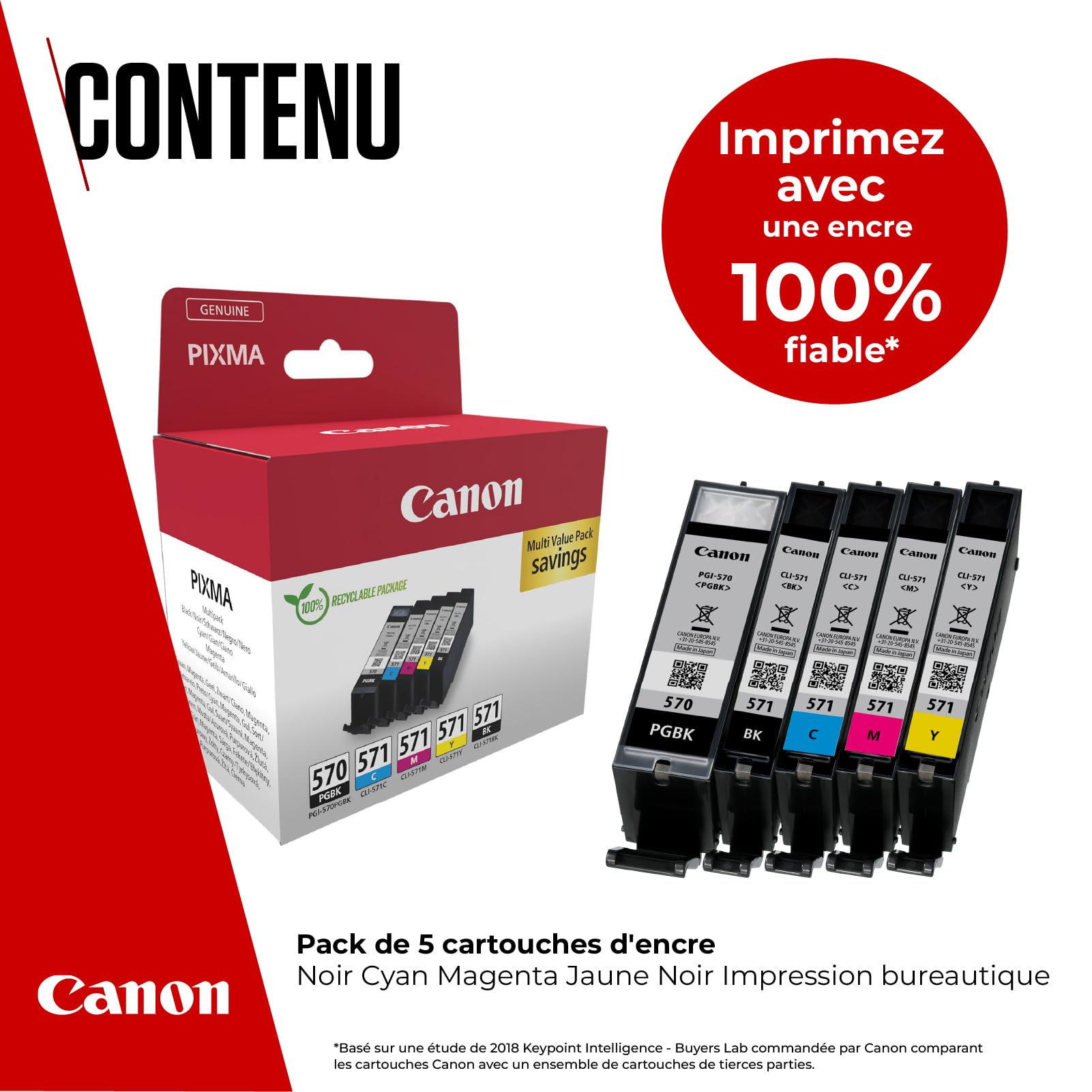 Canon PGI-570 / CLI-571 Lot de 5 Cartouches d'encre Authentiques (2 x Noir, Cyan, Magenta, Jaune) – Carton Multipack