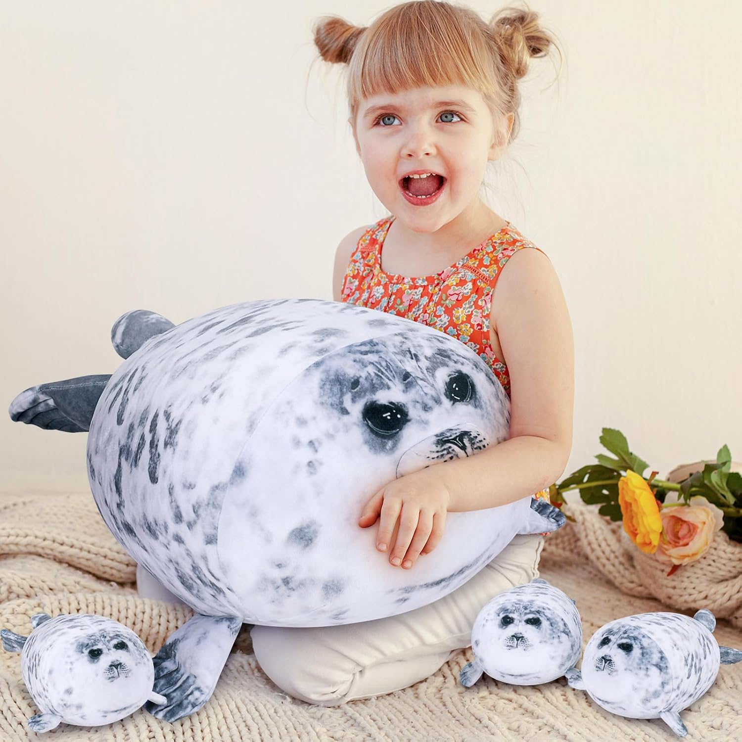 Achwishap 19.6” Seal Stuffed Animal Mommy with 3 Seal Baby Plush Toy,4pcs Seal Plush Pillow,Cute Plushie Seals Hugging Pillow Cuddle Plushie for Kids Girls Boys Birthday Gifts(Seals Family) - Image 8
