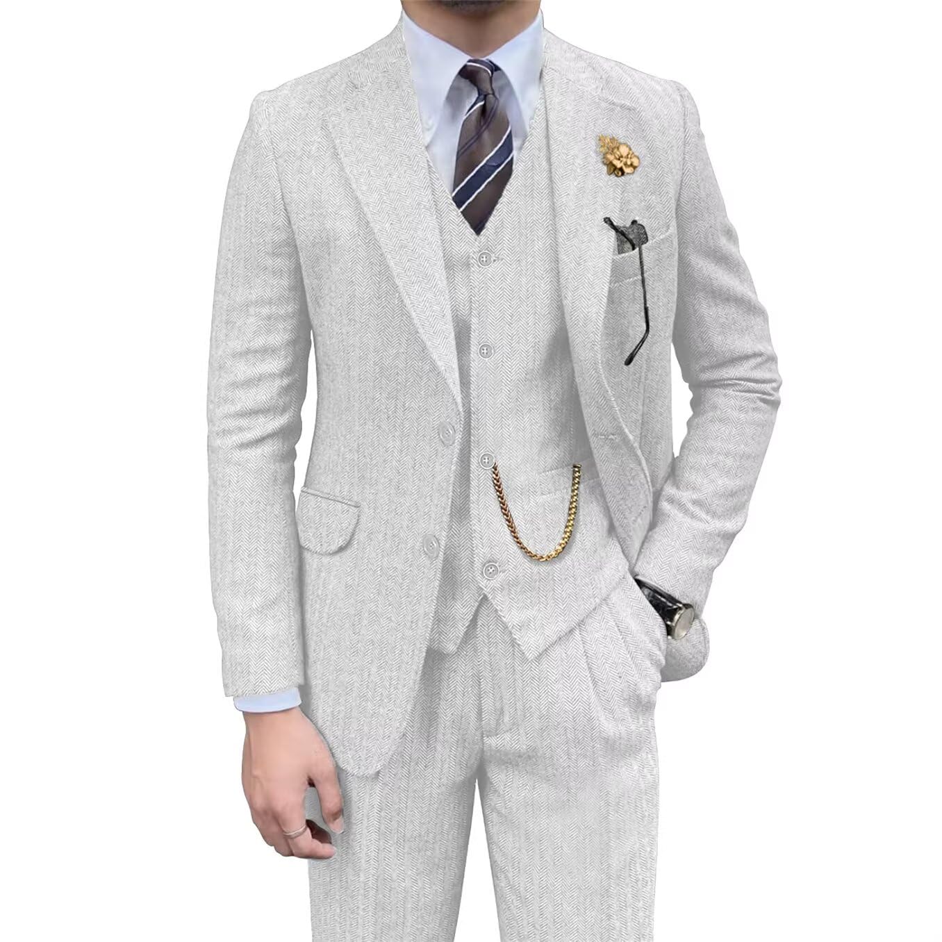 Retro Mens 3 Piece Suit Tweed Herringbone Slim Fit Suits Groomsmen Brown Tuxedos Set Prom Jacket Blazer Vest Pants for Men