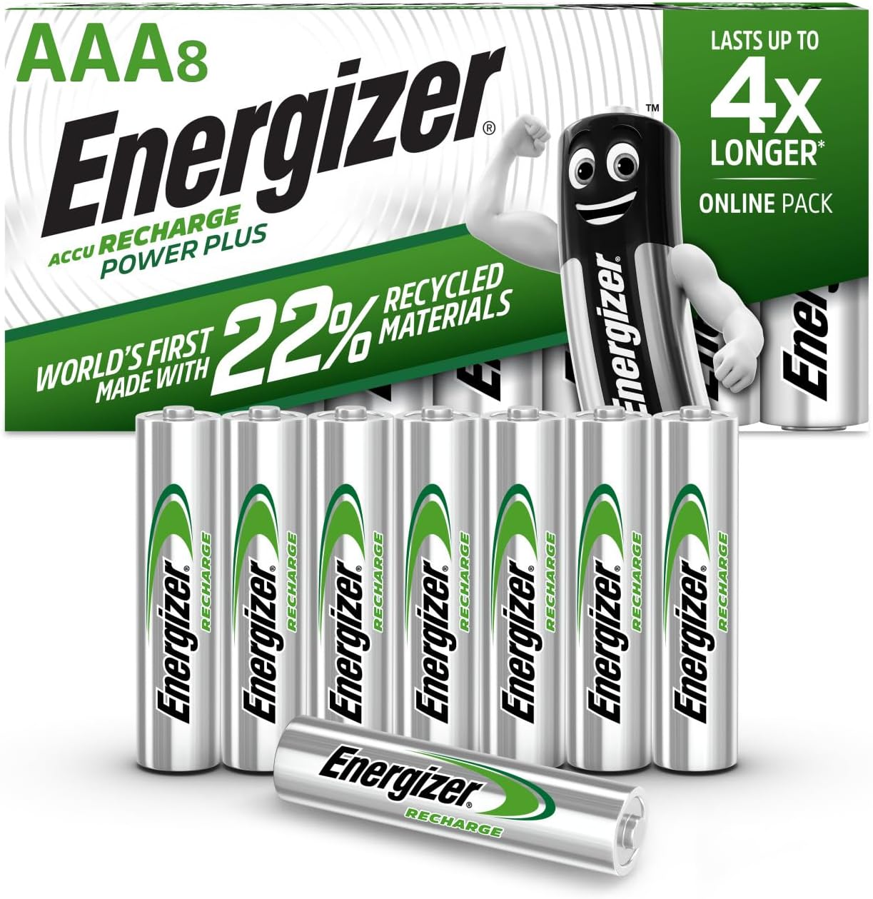 Energizer Recharge Power Plus - Rechargeable AAA Batteries (8 Pack) - 700 mAh NiMH Triple A Battery - 100% Recyclable Plastic Free Packaging