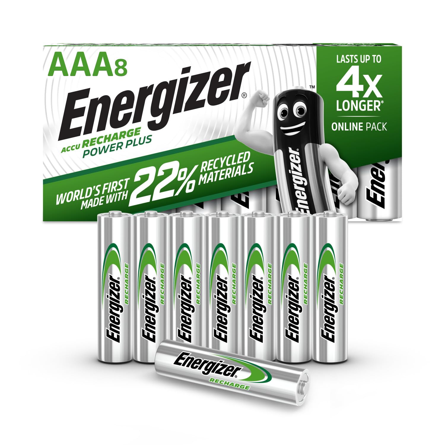 Energizer Recharge Power Plus - Rechargeable AAA Batteries (8 Pack) - 700 mAh NiMH Triple A Battery - 100% Recyclable Plastic Free Packaging