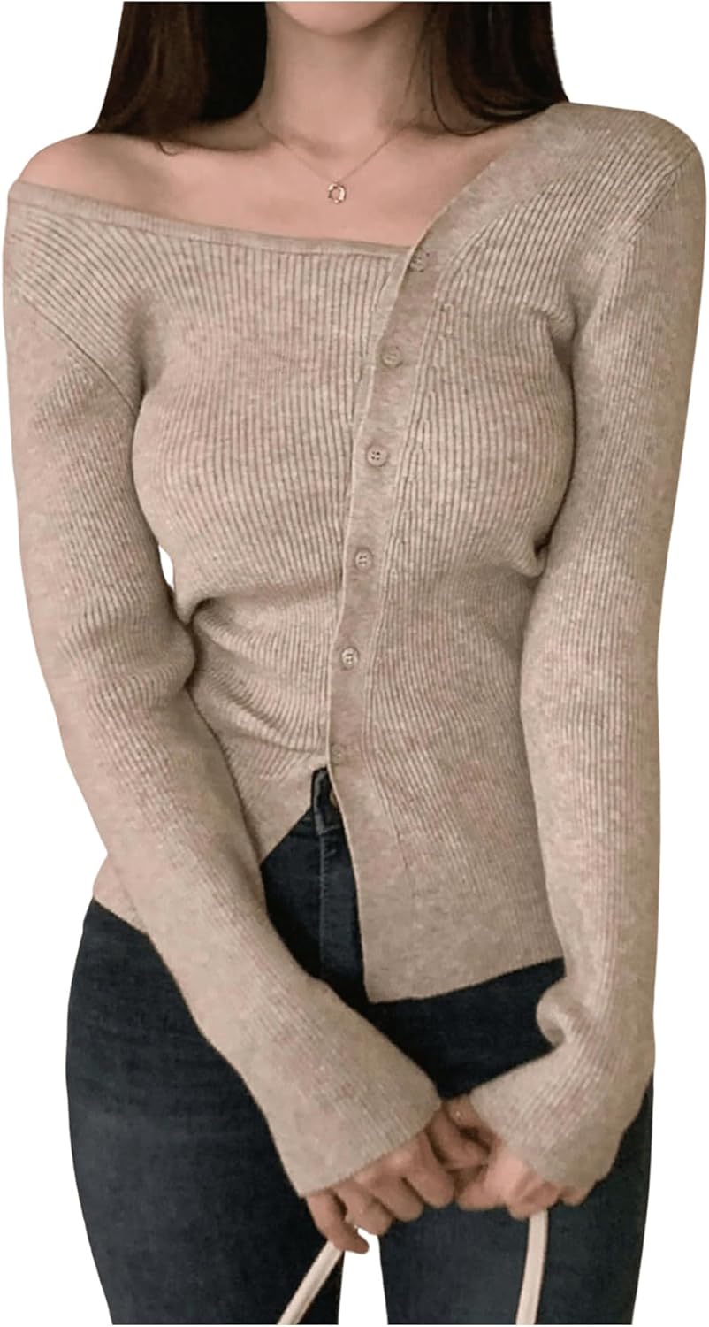 GORGLITTER Women's Off The Shoulder Sweater Cozy Fall Fashion 2025 Button Up Lightweight Trendy Long Sleeve Sweaters - Image 4