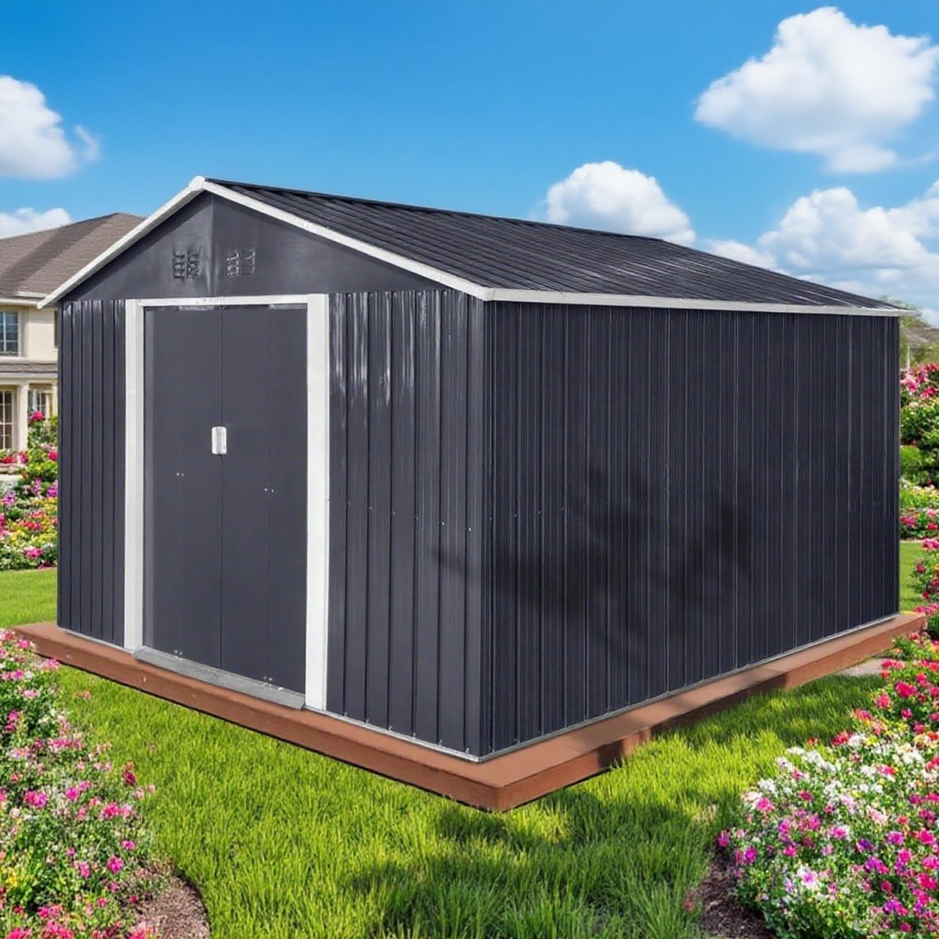 11x10.6 Ft Outdoor Storage Shed, Heavy-Duty Metal Shed with Windows & Secure Lockable Doors, Ideal Storage Shed for Outdoor, Patio, Garden, and Backyard, Black