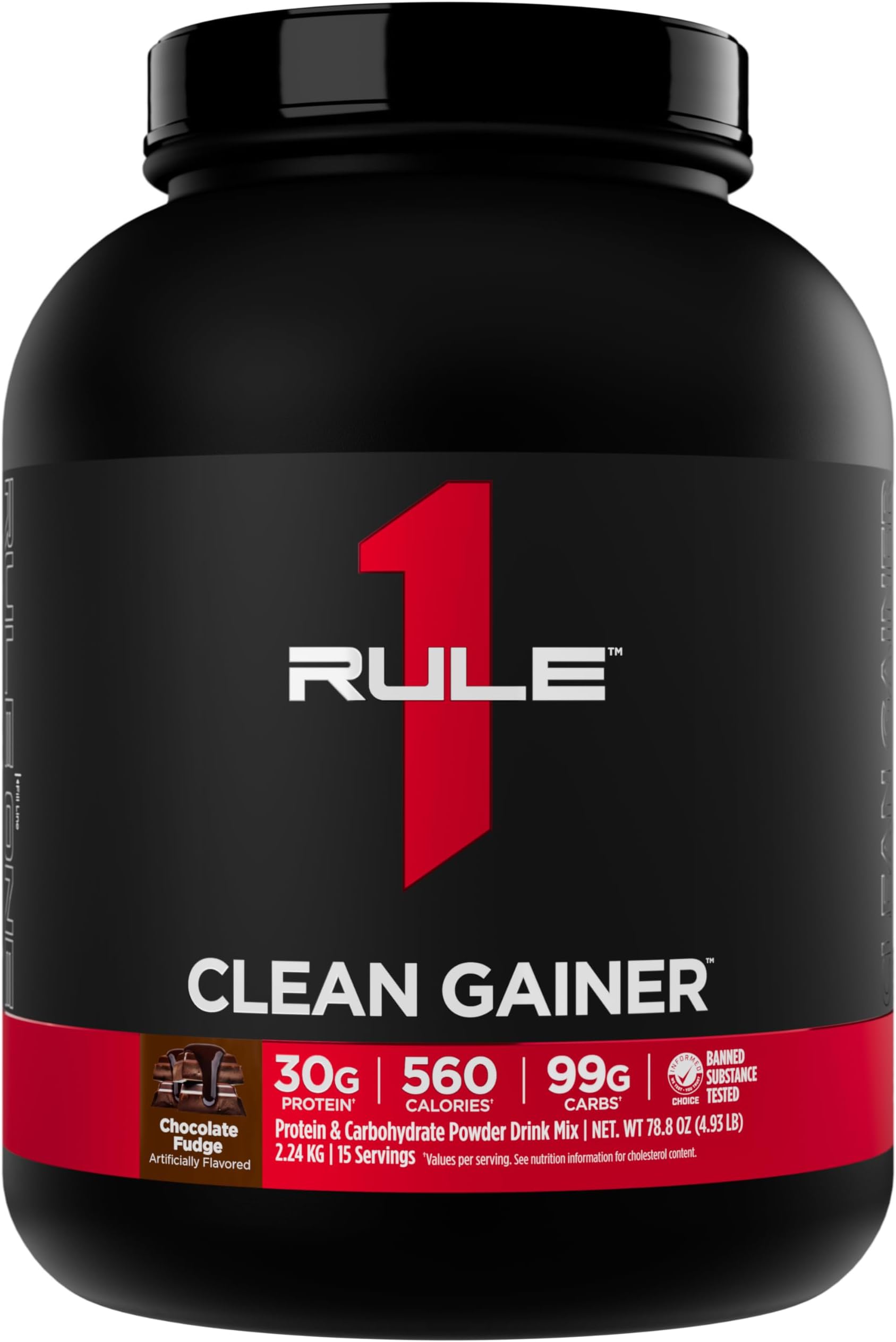 Rule 1 Proteins Clean Gainer - High-Protein Lean Gain Formula with 560 Calories, 30g of Full-Spectrum Protein, Over 90g Carbs, Under 6g of Fat (15 Servings, Chocolate Fudge)