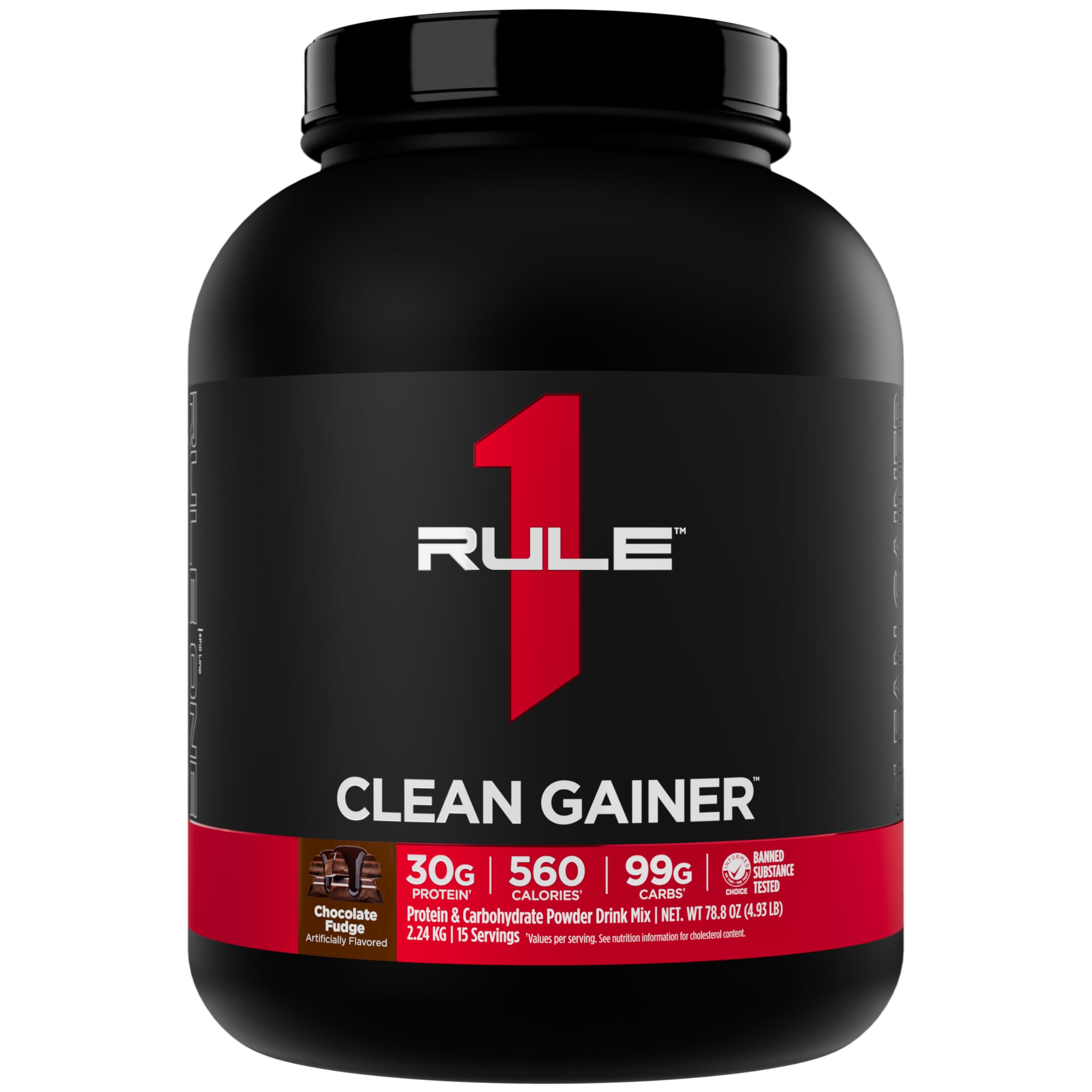 Rule 1 Clean Gainer - High-Protein Lean Gain Formula with 560 Calories, 30g of Full-Spectrum Protein, Over 90g Carbs, Under 6g of Fat (15 Servings, Chocolate Fudge)