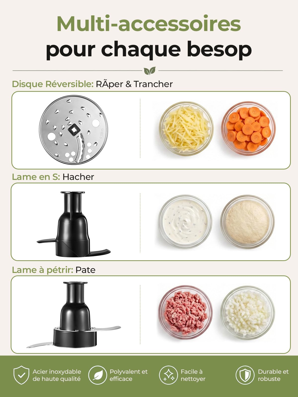 FOHERE Robot de Cuisine 2,3 L, Large 2-en-1 Goulotte, Robot Multifonction