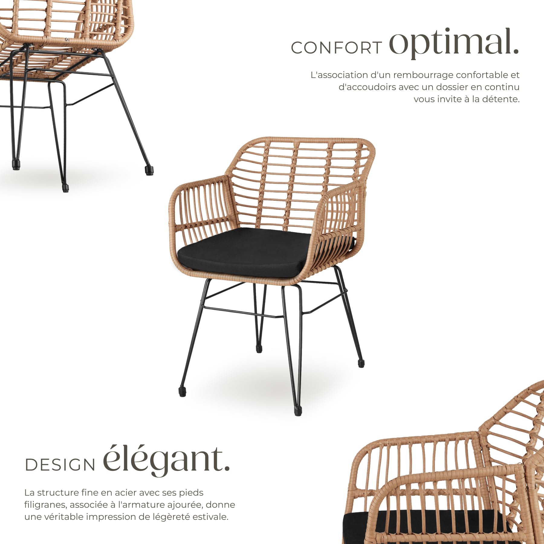 tectake® Salon de Jardin Extérieur en Poly Rotin Set de 3 pcs, Ensemble 2 Fauteuils Salon et Table de Jardin avec Plateau en Verre de sécurité, Coussins Amovibles Inclus, Amenagement Balcon Terrasse