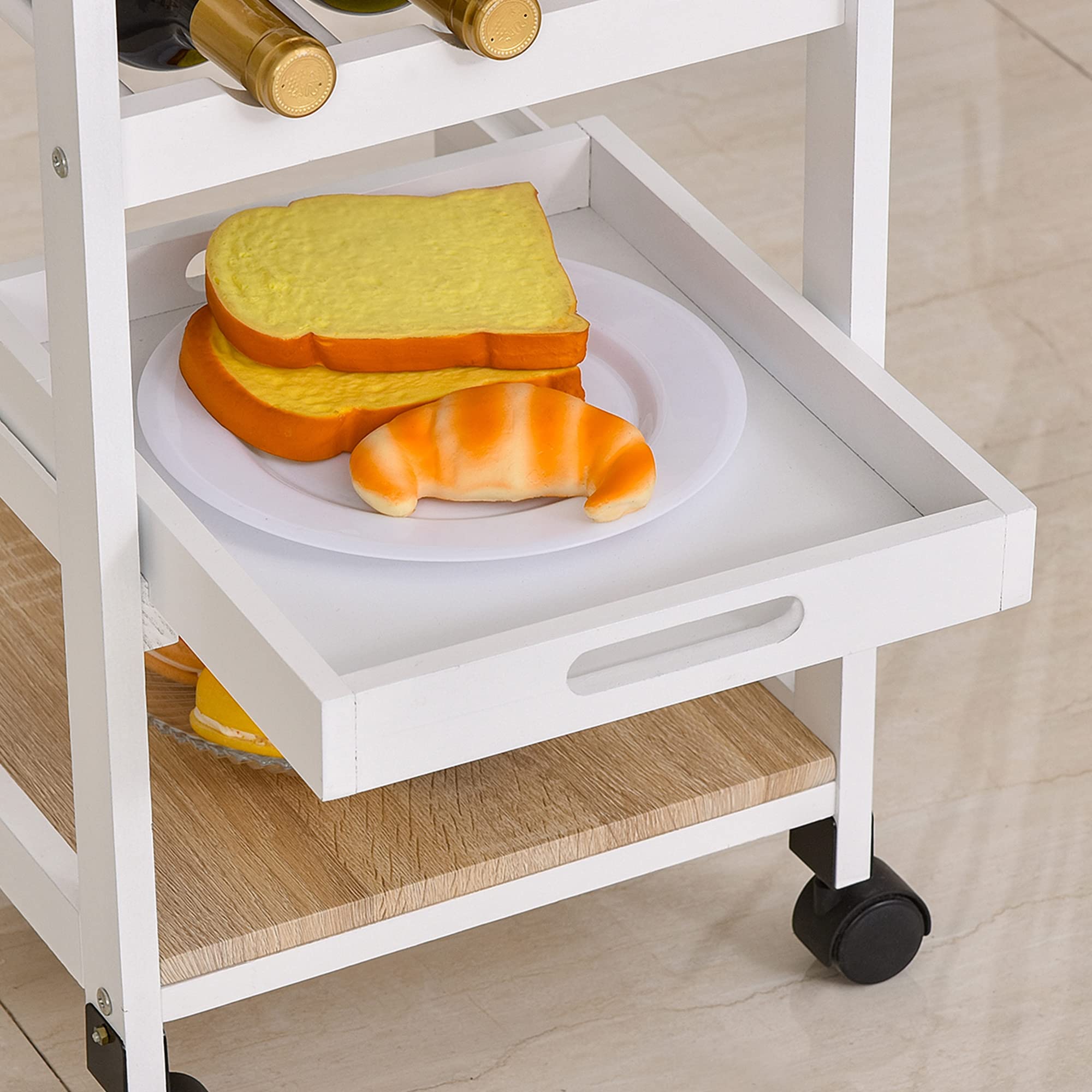 HOMCOM Chariot de Service à roulettes Tiroir Bois de Pin Blanc Chêne Clair | Desserte de Cuisine, Plateau Amovible, Tiroir, Bois de Pin MDF